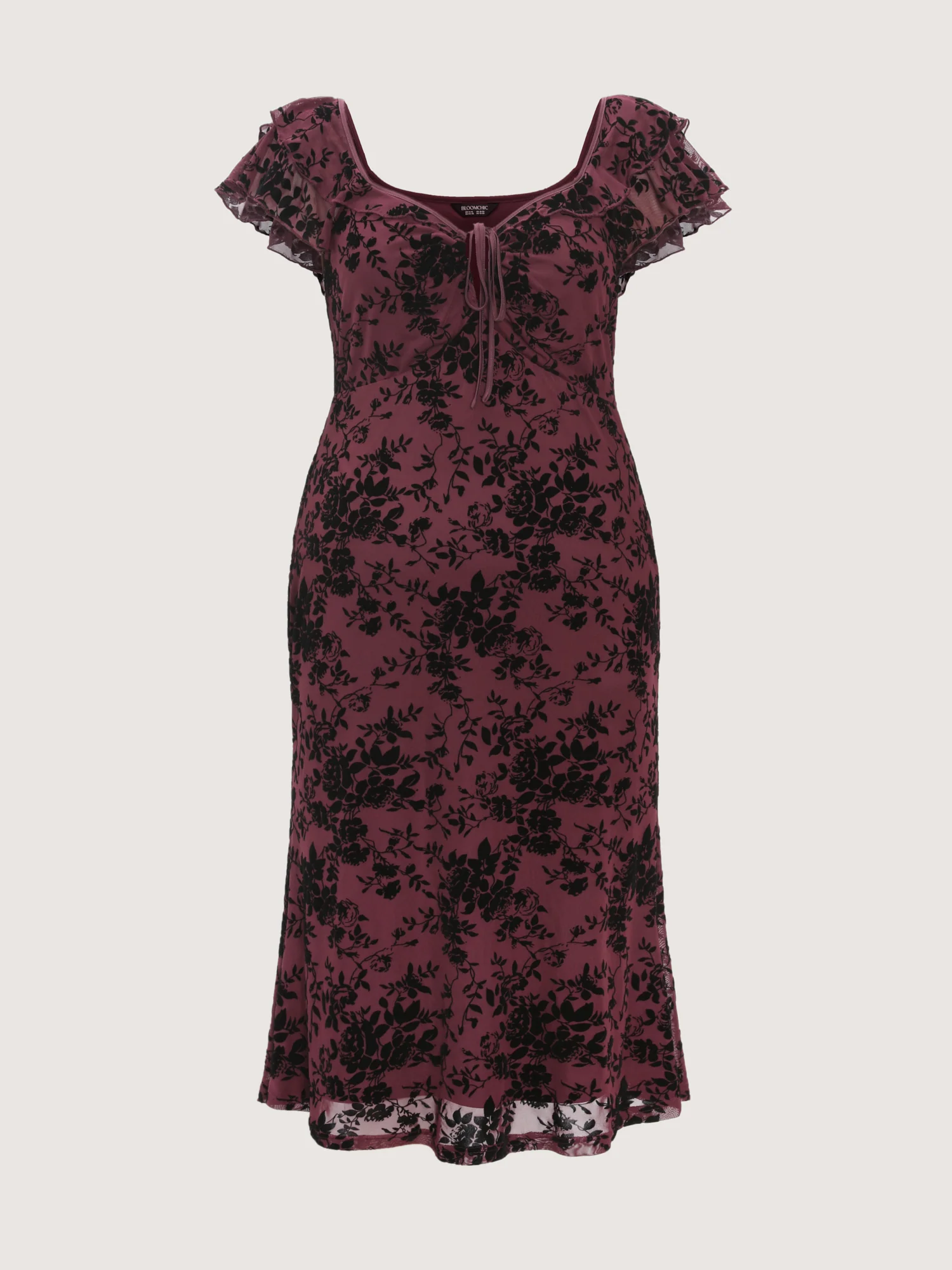 Floral Flocked Mesh Ruched Drawstring Midi Dress - Image 7