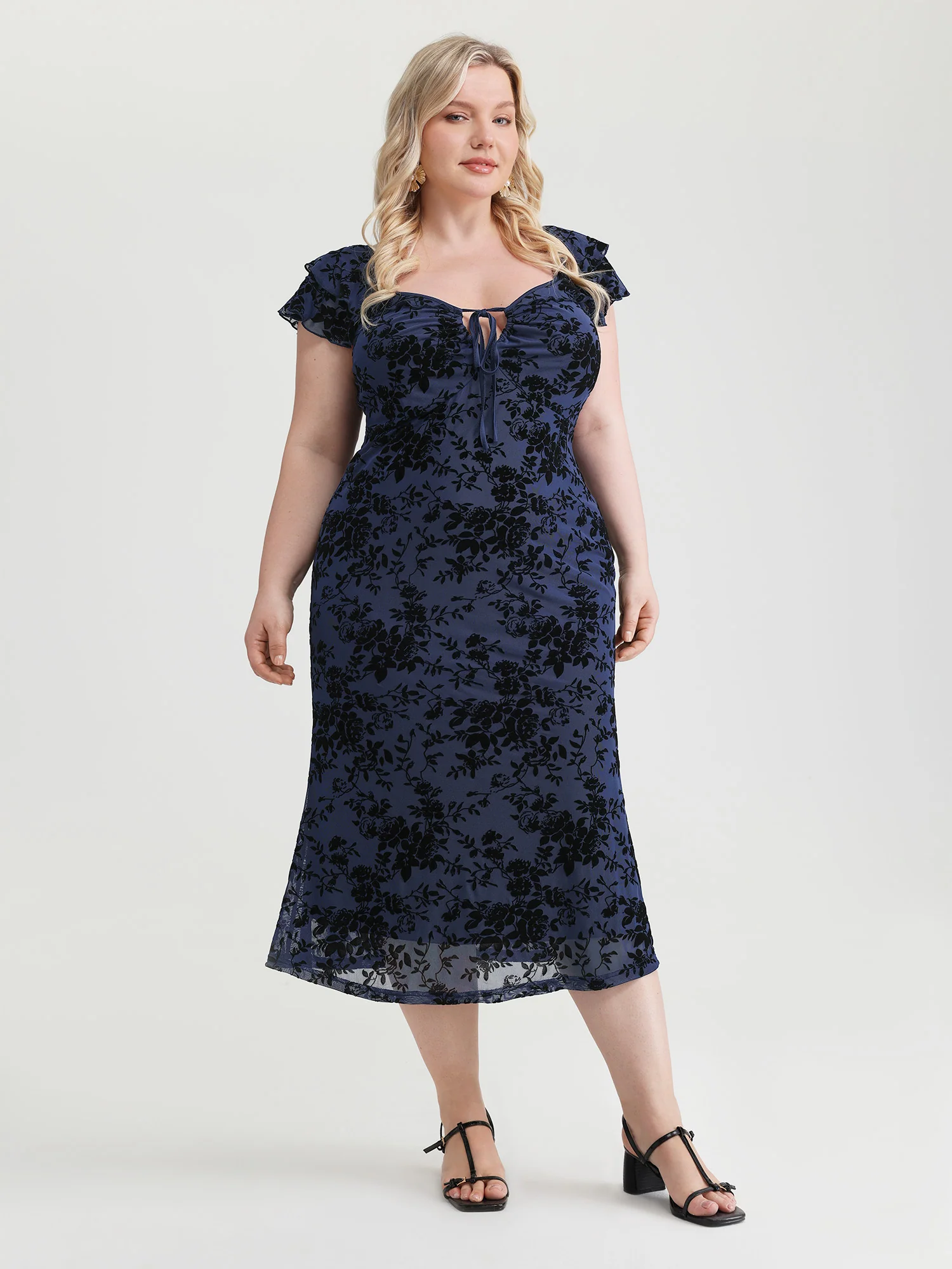 Floral Flocked Mesh Ruched Drawstring Midi Dress - Image 8