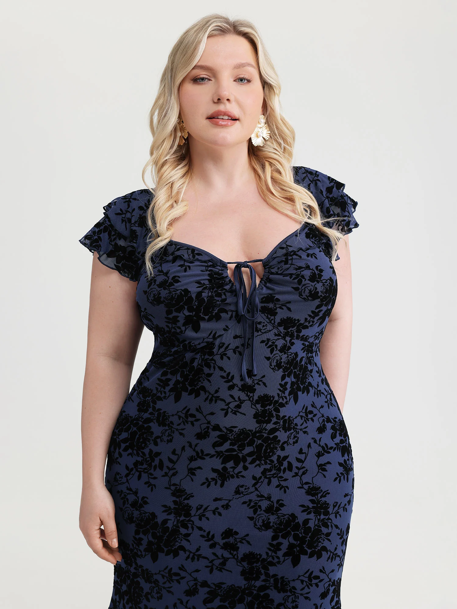 Floral Flocked Mesh Ruched Drawstring Midi Dress - Image 9
