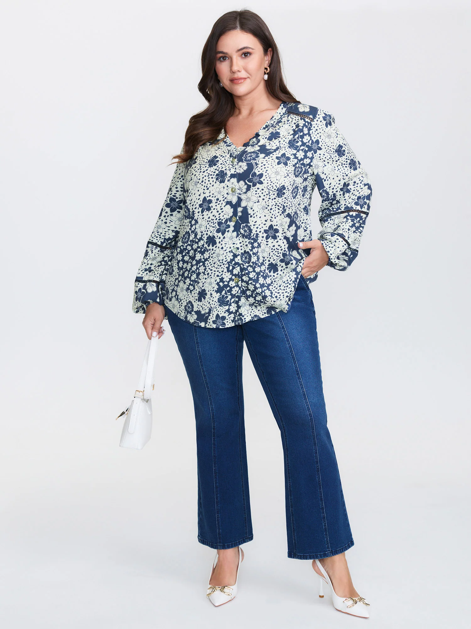 Monochrome Floral Print Ruffled Button-Down Shirt - Image 2