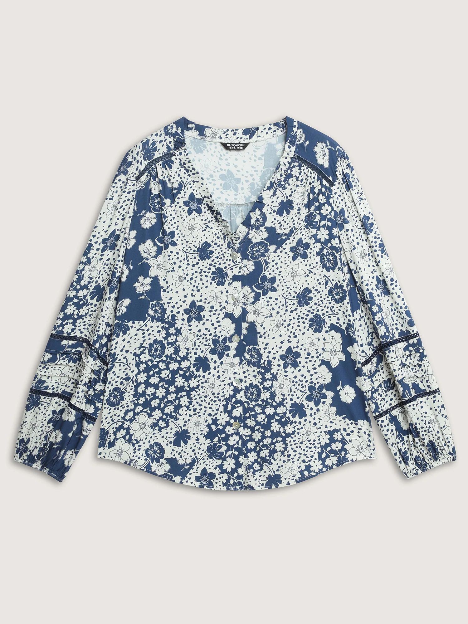 Monochrome Floral Print Ruffled Button-Down Shirt - Image 8