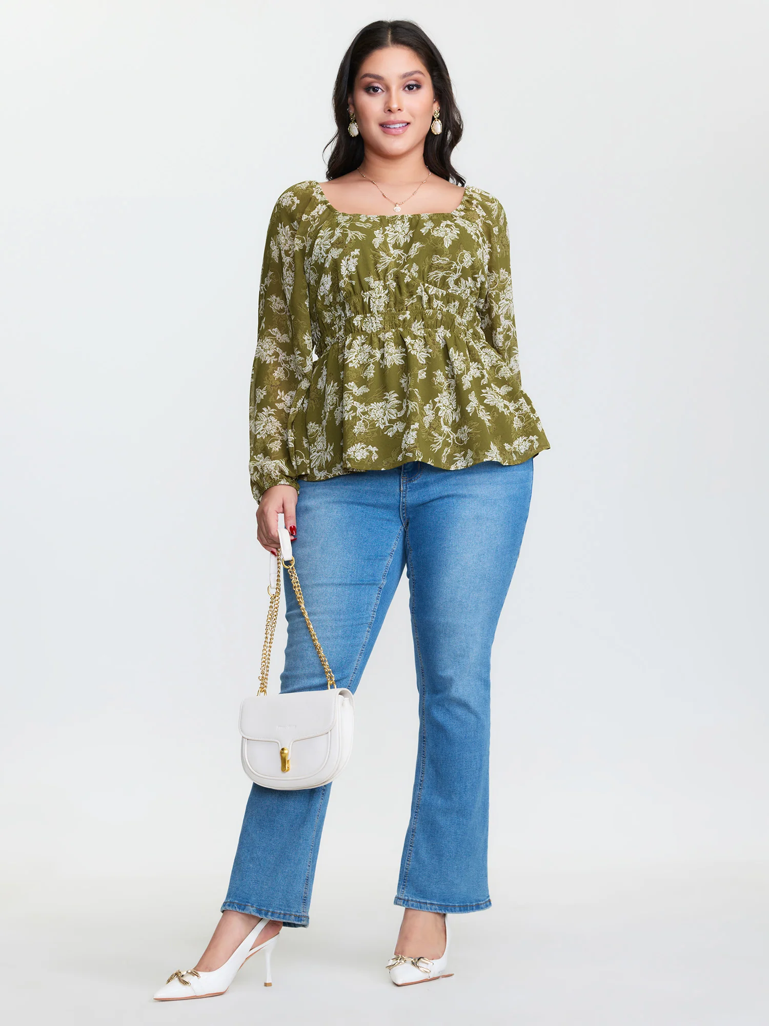 Monochrome Floral Print Shirred Waist Blouse - Image 2