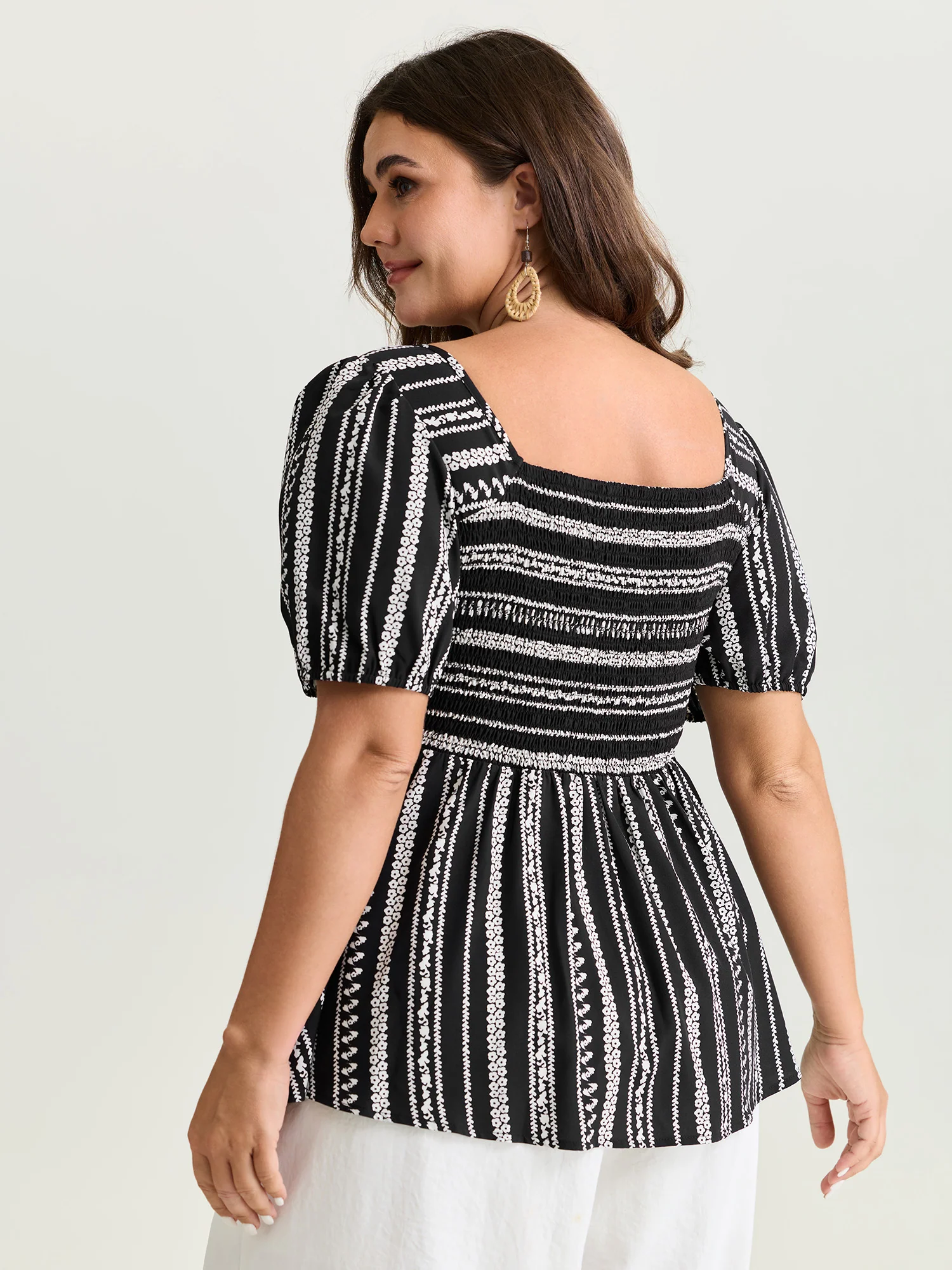 Monochrome Floral Stripe Babydoll Blouse - Image 4