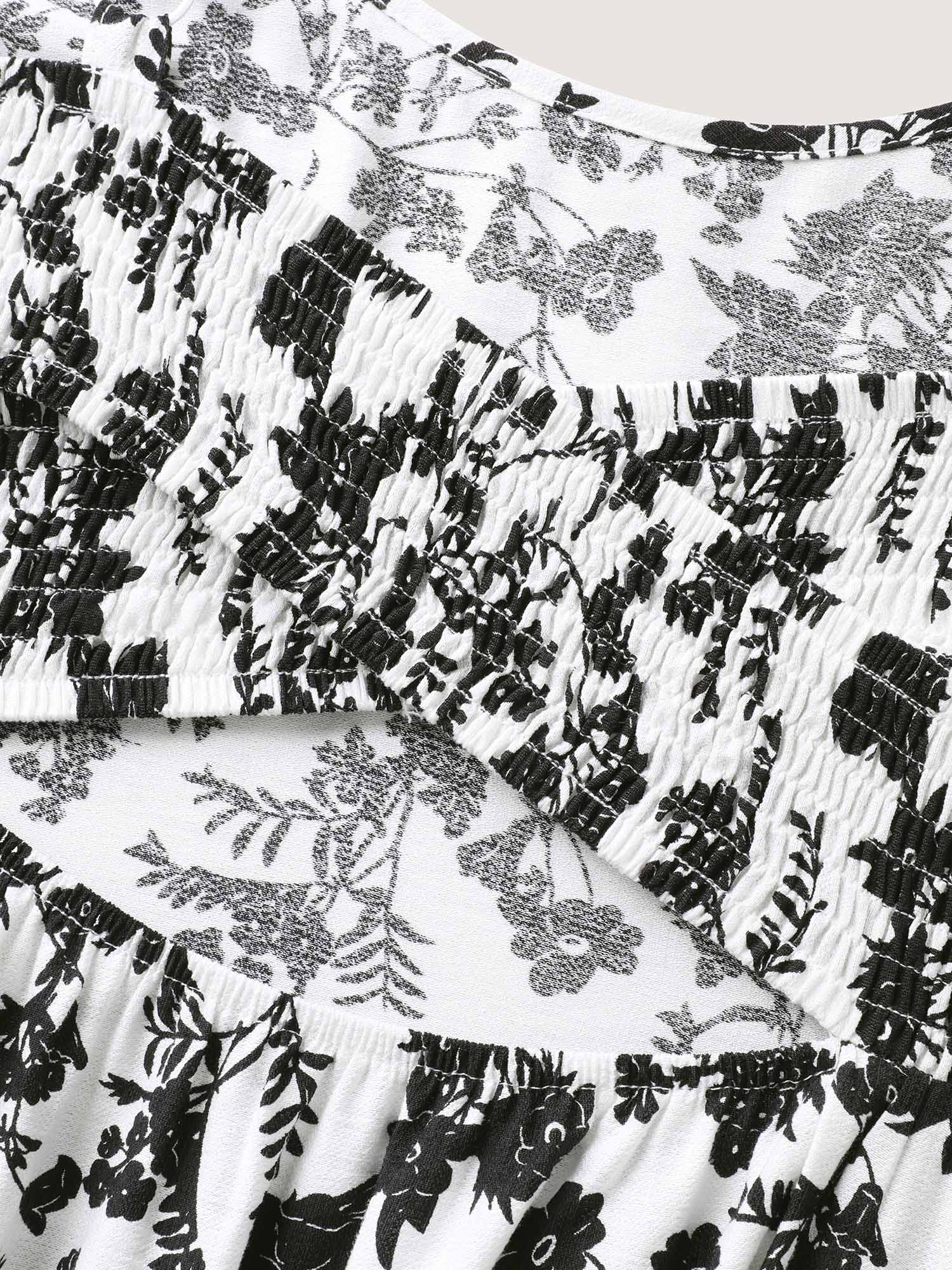 Monochrome Florals Shirred Backless Midi Dress - Image 5