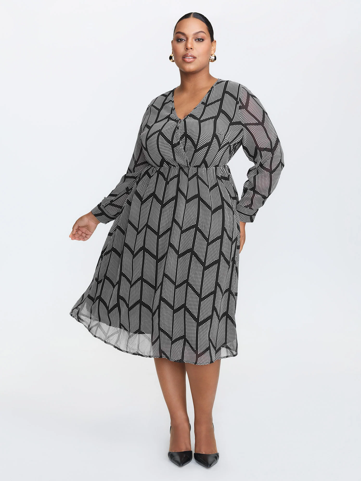 Monochrome Geometric Pattern Surplice Midi Dress
