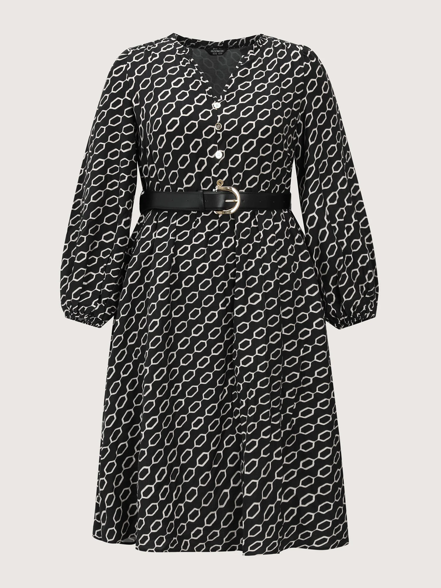 Monochrome Geometric Print Belted Midi Dress - Image 8