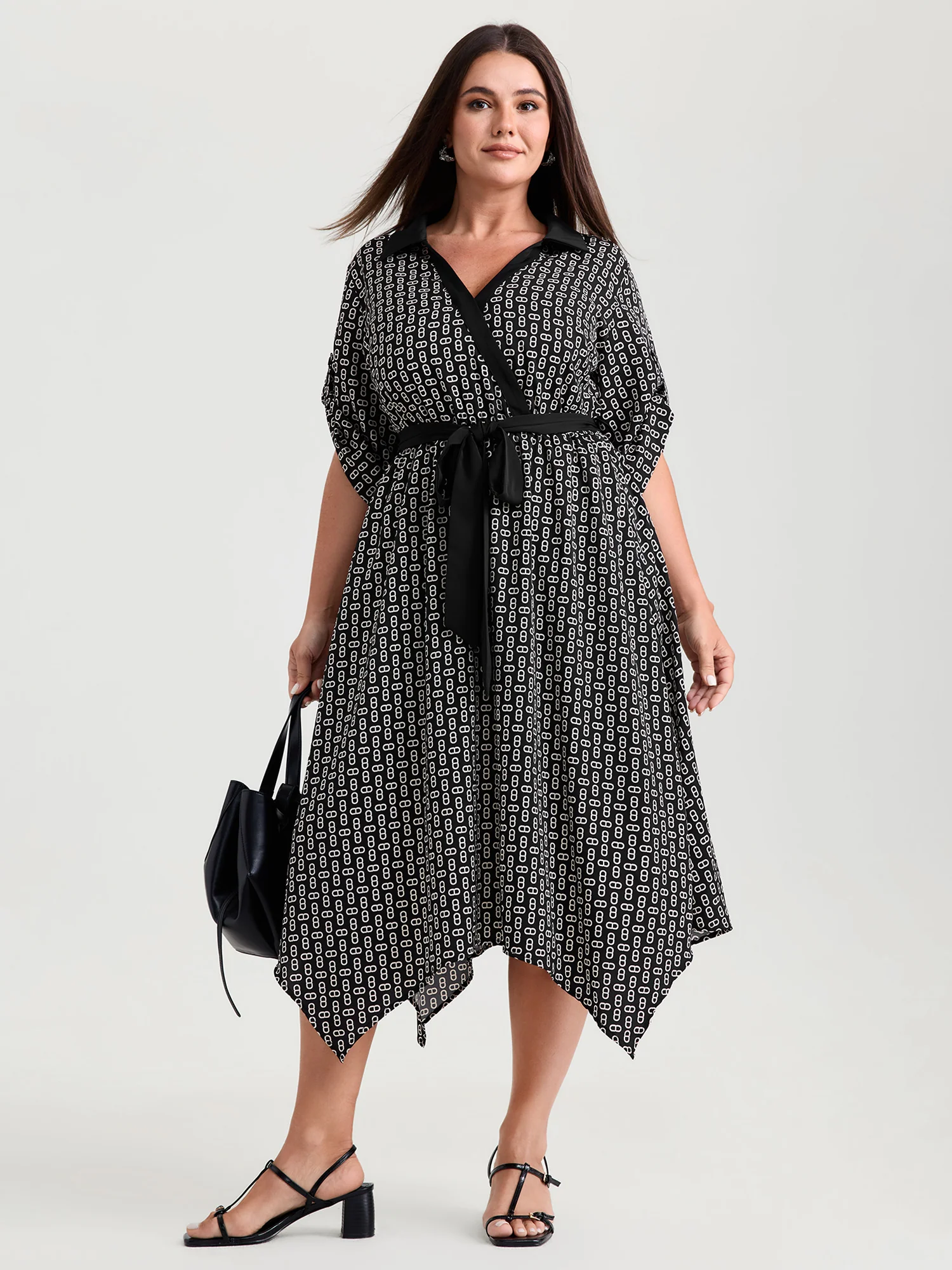 Monochrome Geometric Print Waist-Tie Collar Midi Dress - Image 3
