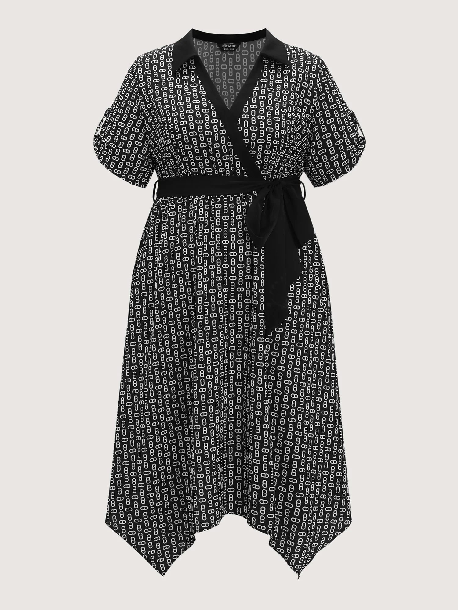 Monochrome Geometric Print Waist-Tie Collar Midi Dress - Image 7