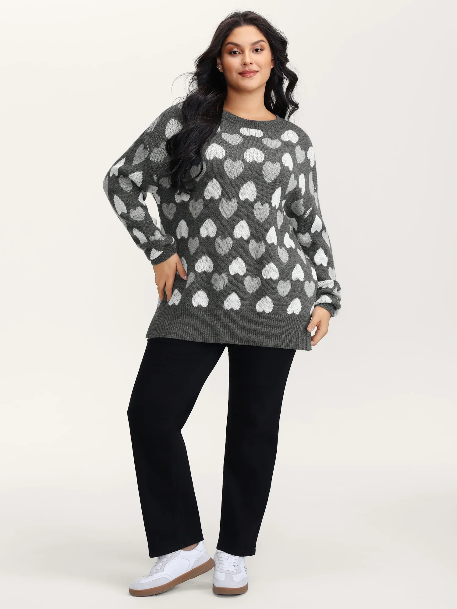 Monochrome Hearts Slit Round Neck Pullover - Image 3