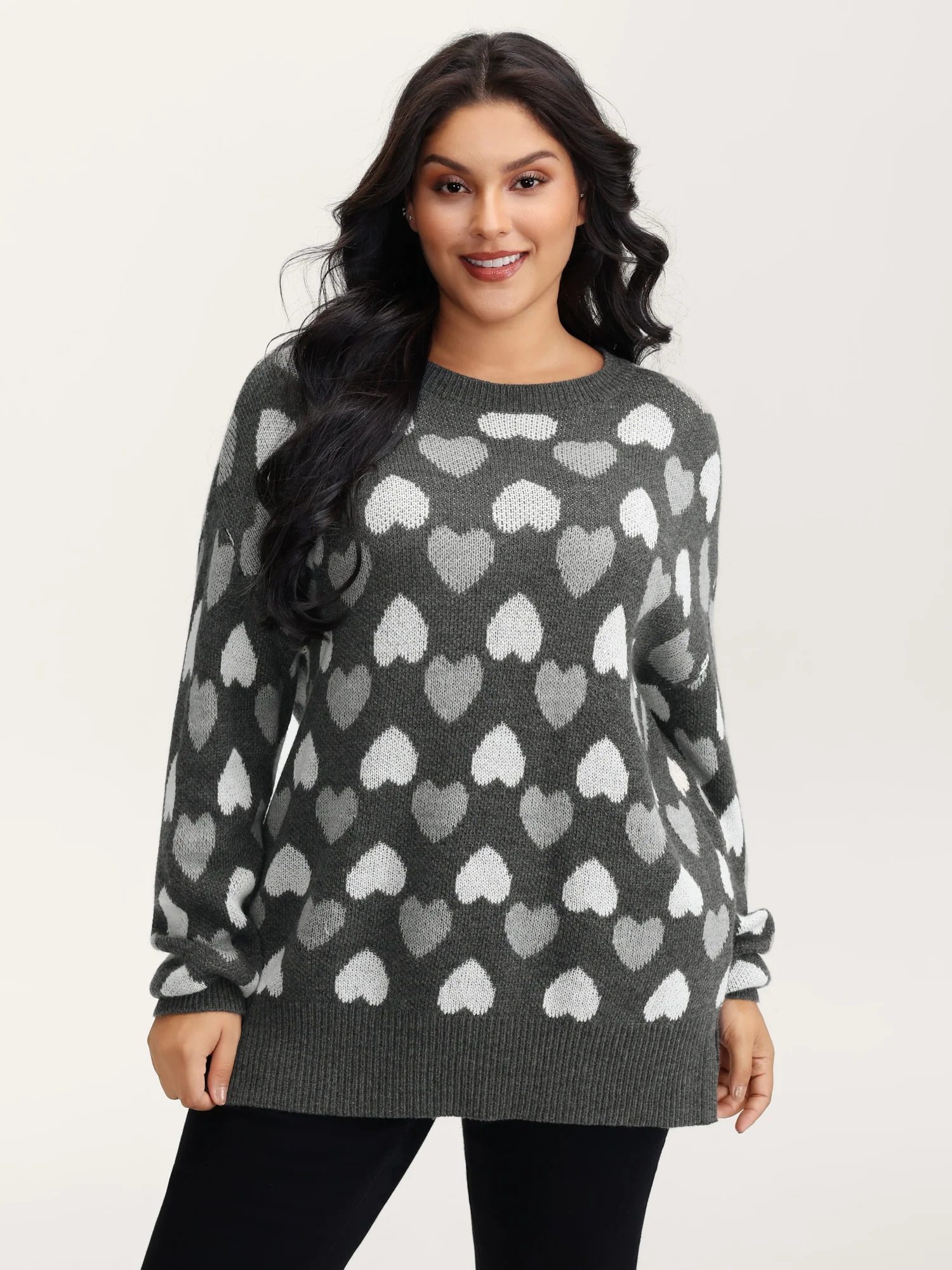 Monochrome Hearts Slit Round Neck Pullover - Image 4