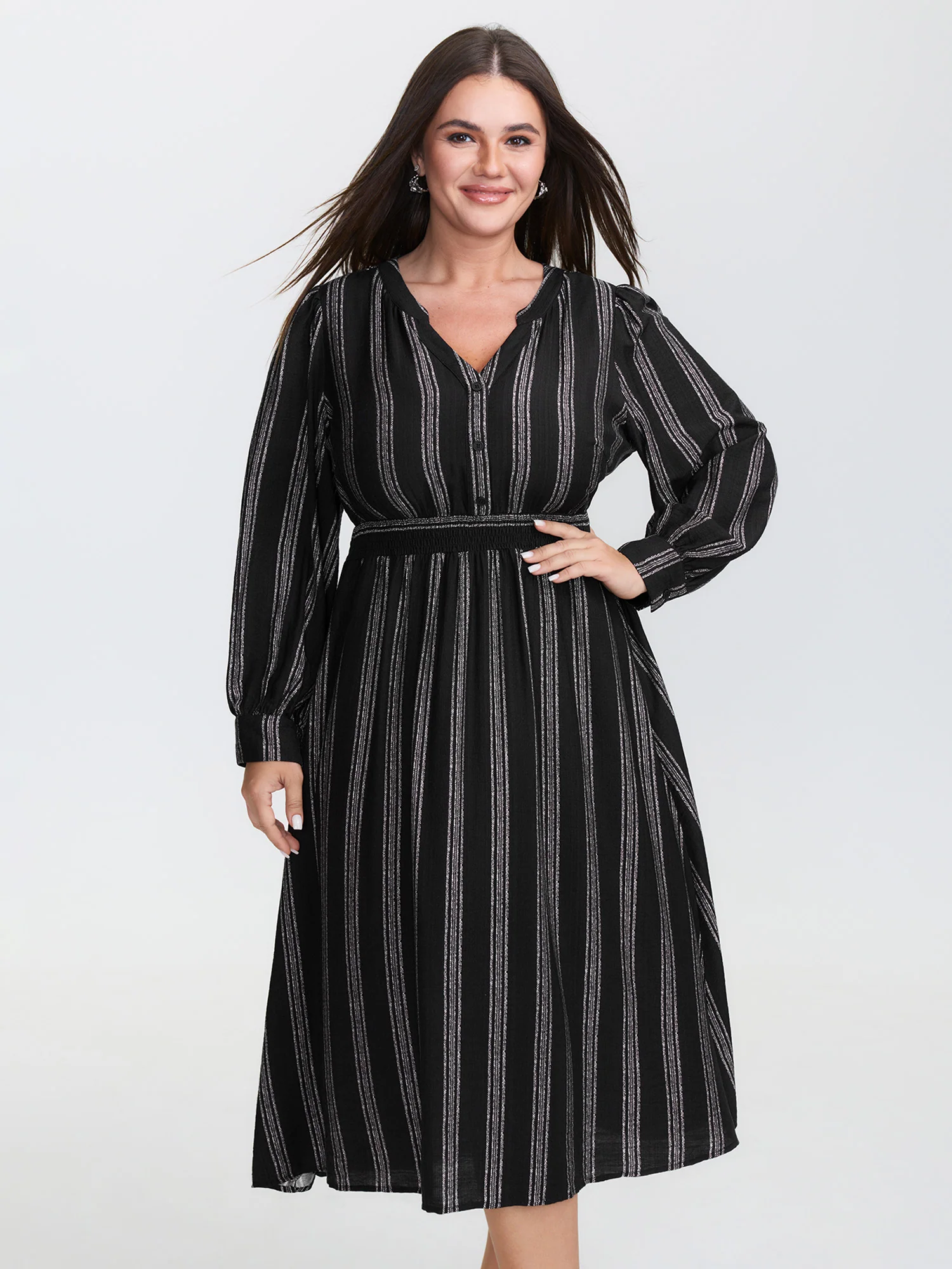 Monochrome Stripe Button Detail Midi Dress - Image 2