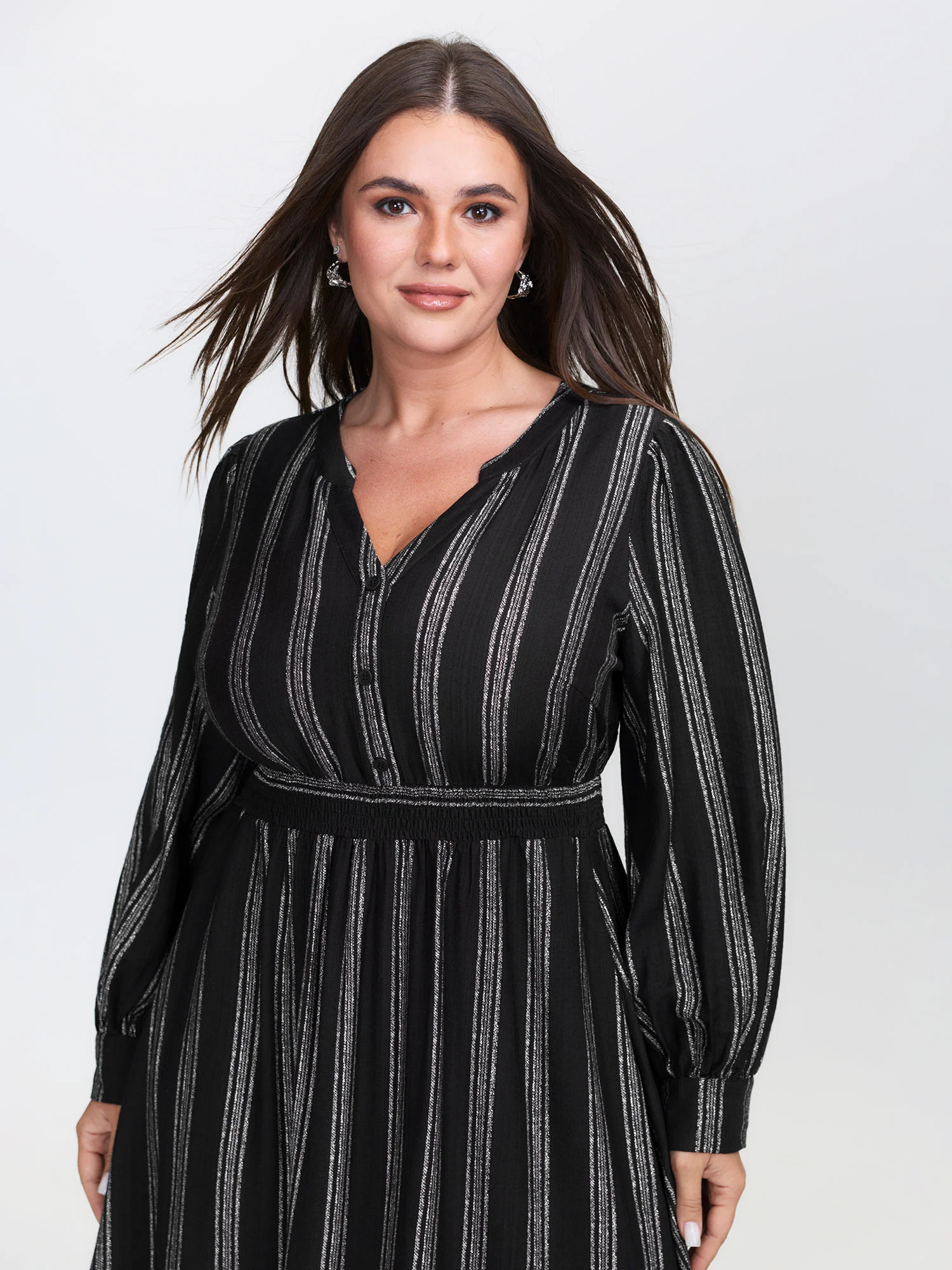 Monochrome Stripe Button Detail Midi Dress - Image 3