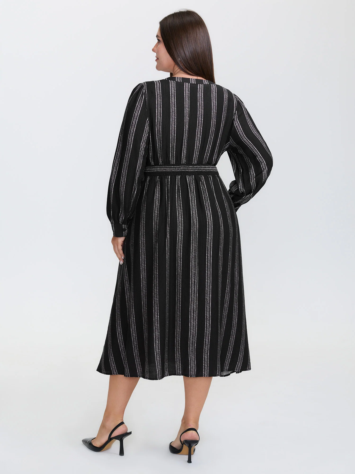 Monochrome Stripe Button Detail Midi Dress - Image 5