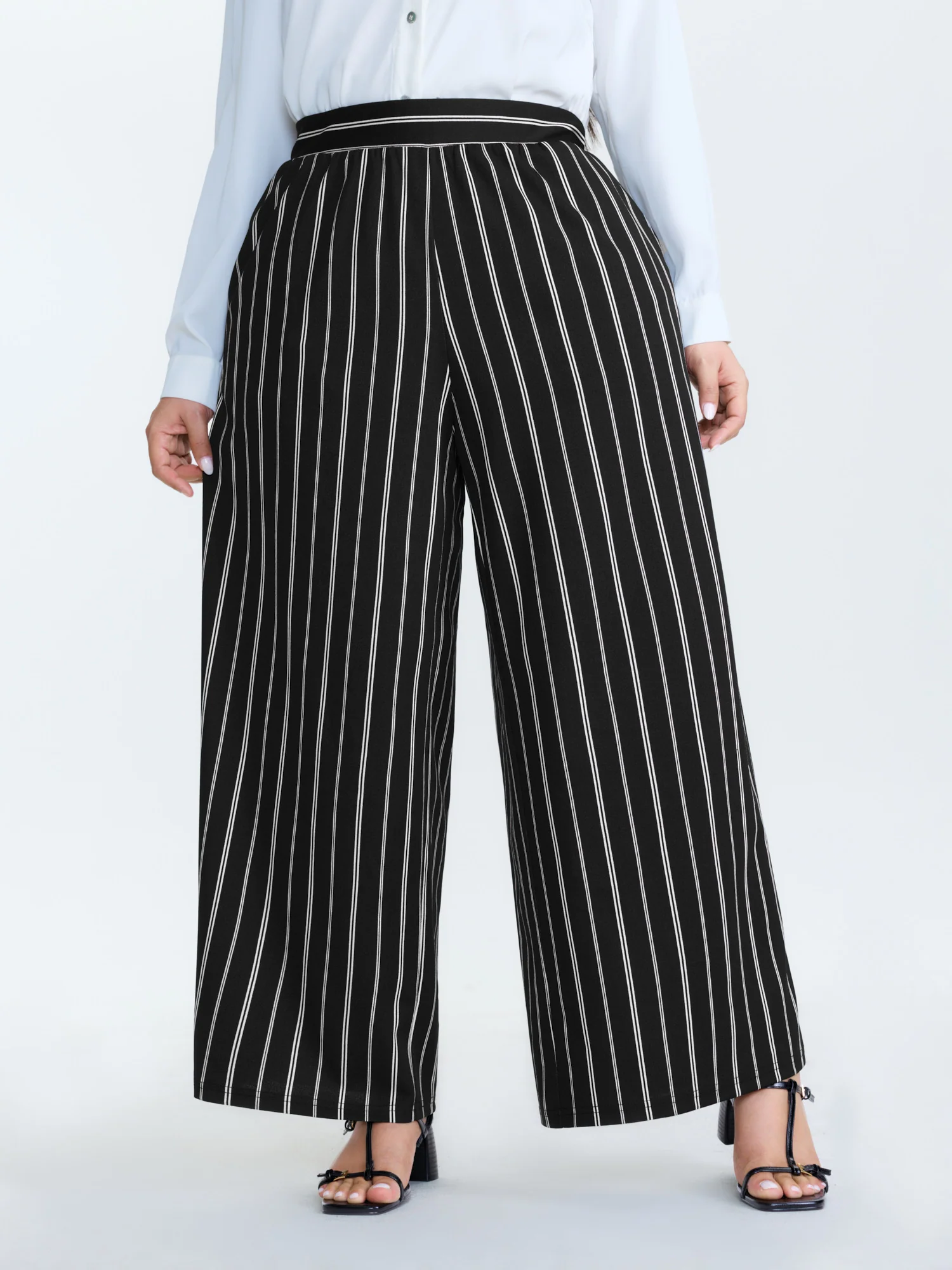 Monochrome Stripe Print Wide-Leg Pants - Image 2