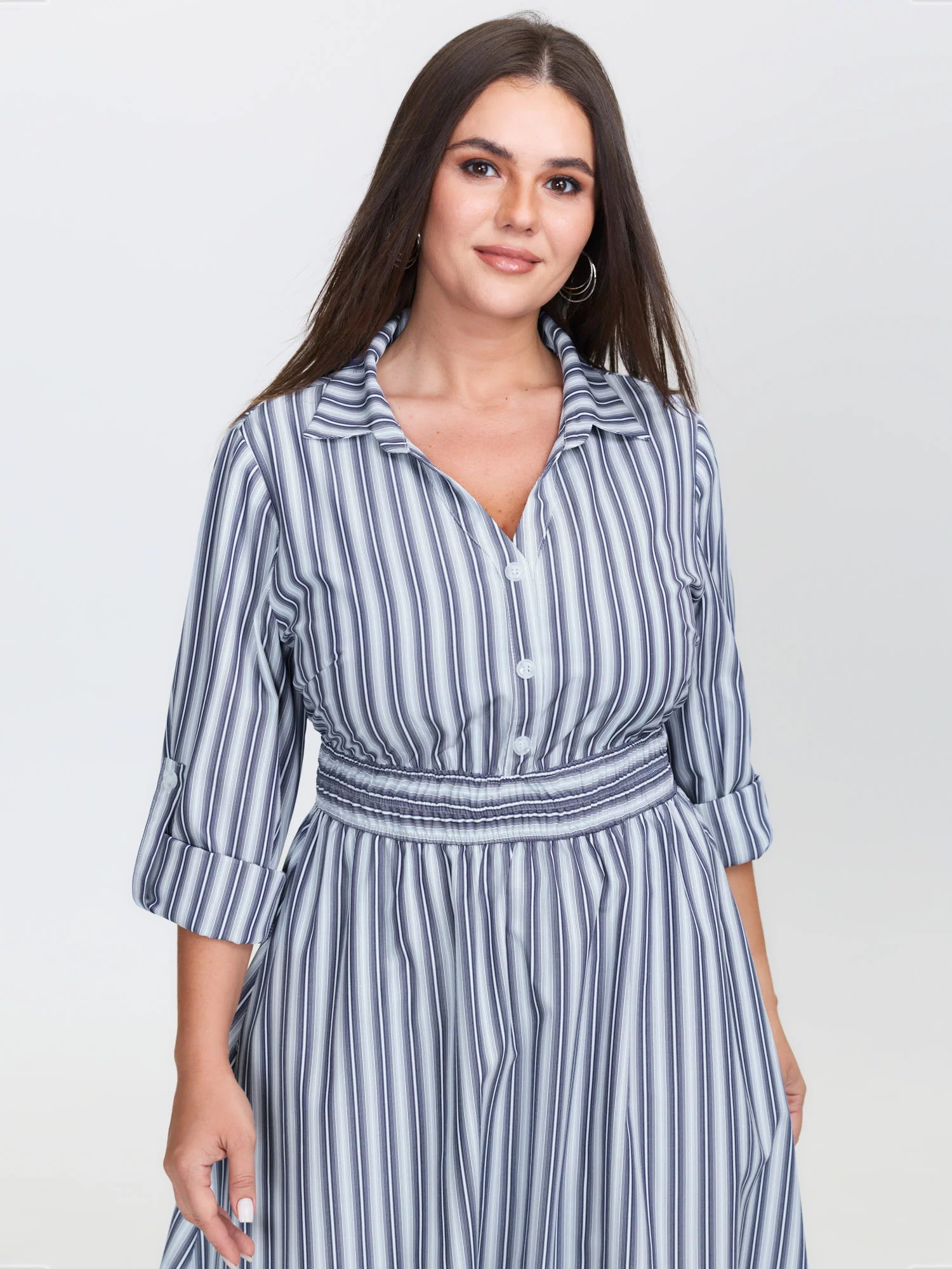 Monochrome Stripe Tab Sleeve Button Midi Dress - Image 2