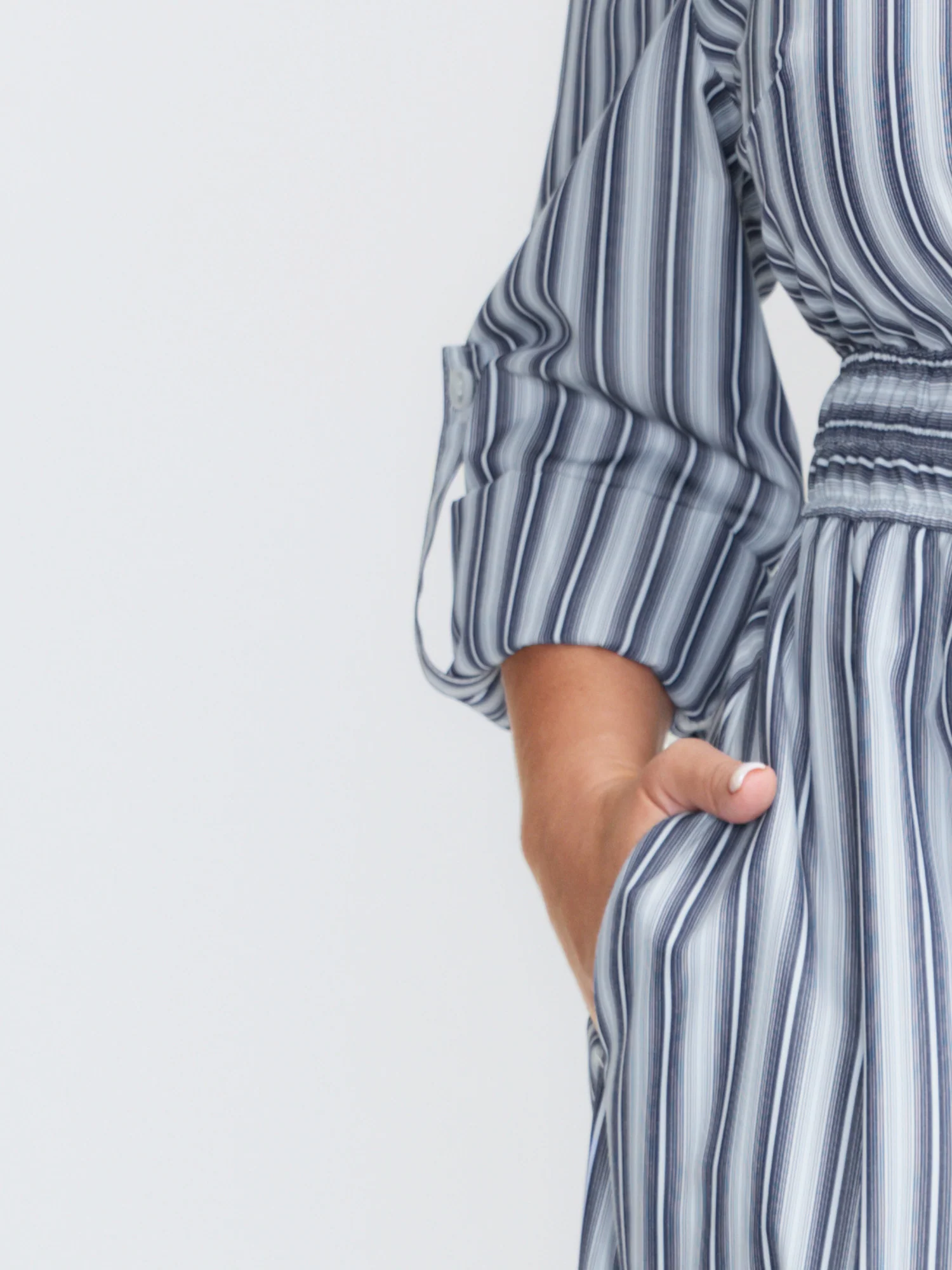 Monochrome Stripe Tab Sleeve Button Midi Dress - Image 3