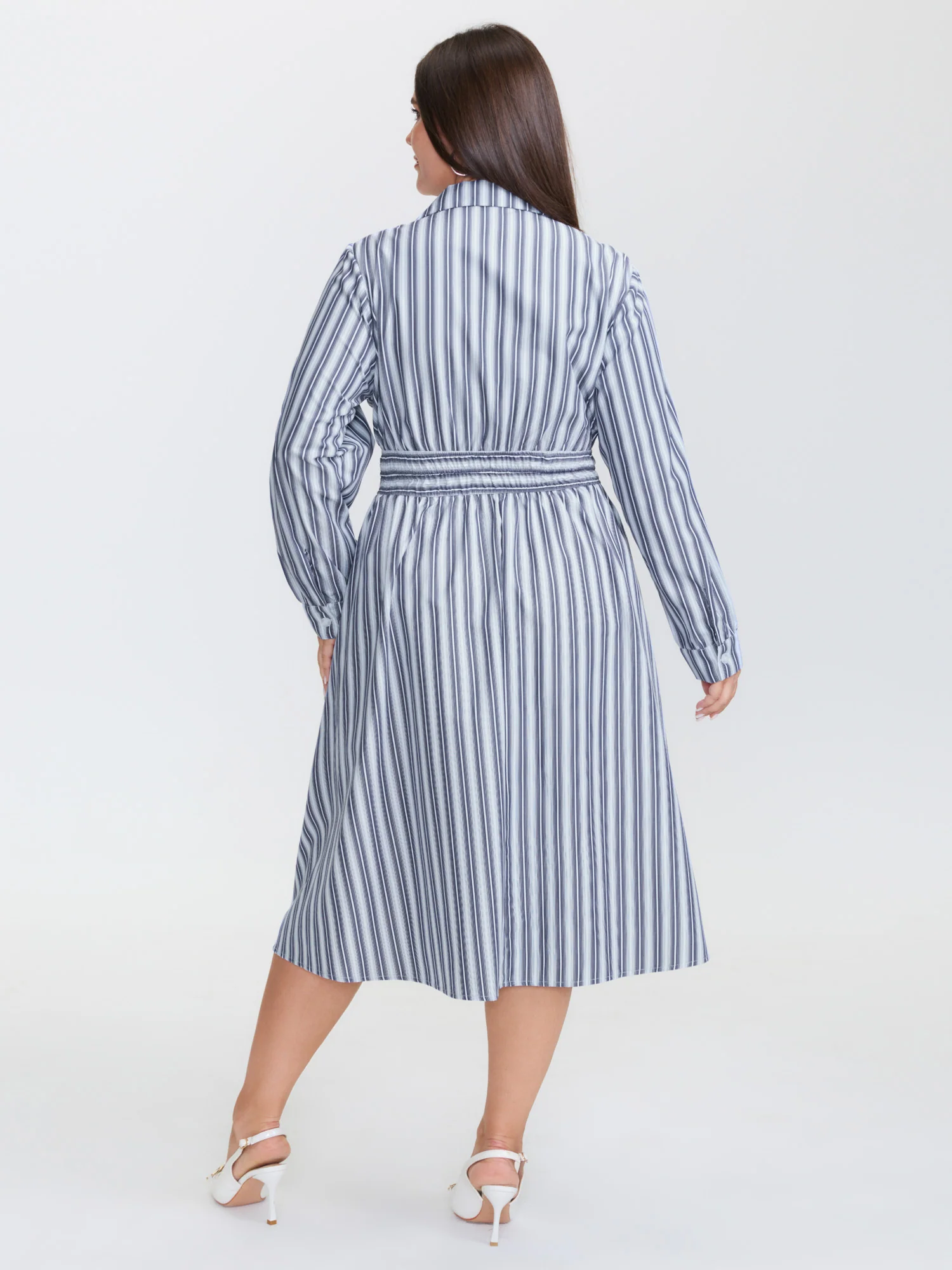 Monochrome Stripe Tab Sleeve Button Midi Dress - Image 5