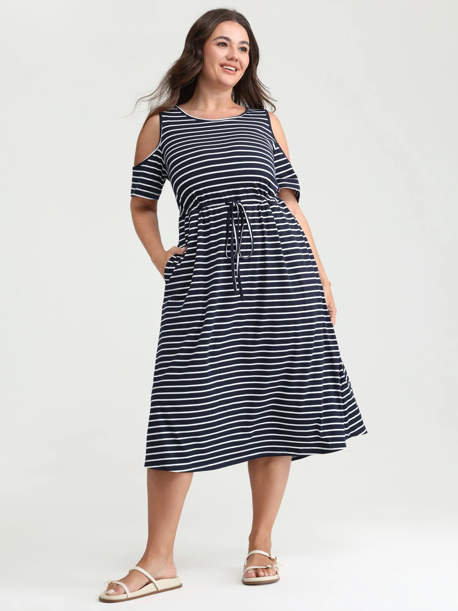 Monochrome Striped Cold-Shoulder Pockets Midi Dress