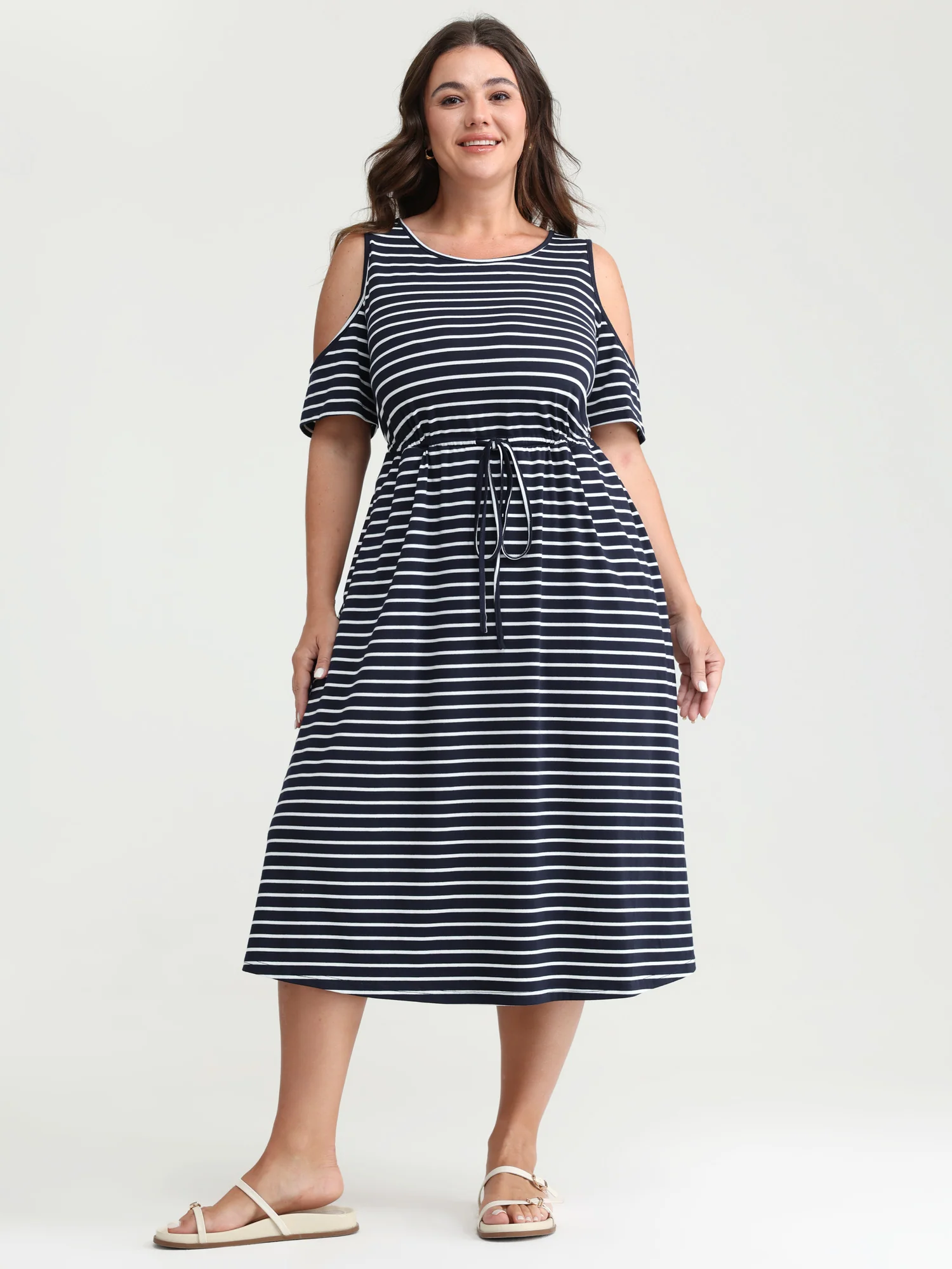 Monochrome Striped Cold-Shoulder Pockets Midi Dress - Image 3
