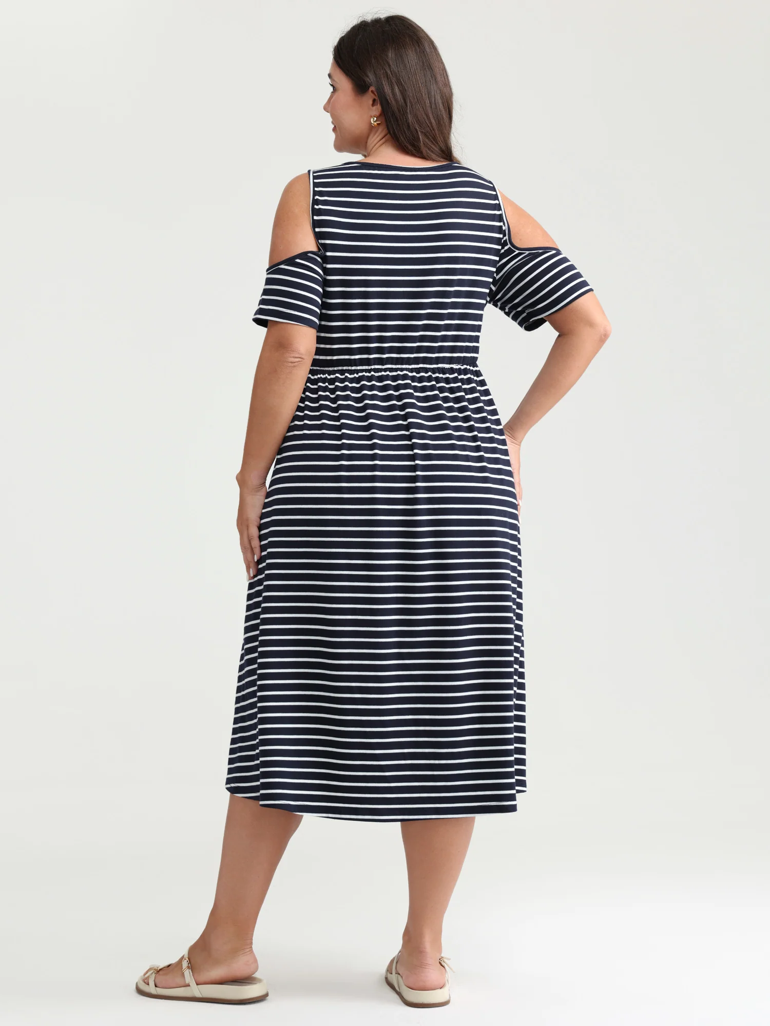 Monochrome Striped Cold-Shoulder Pockets Midi Dress - Image 4