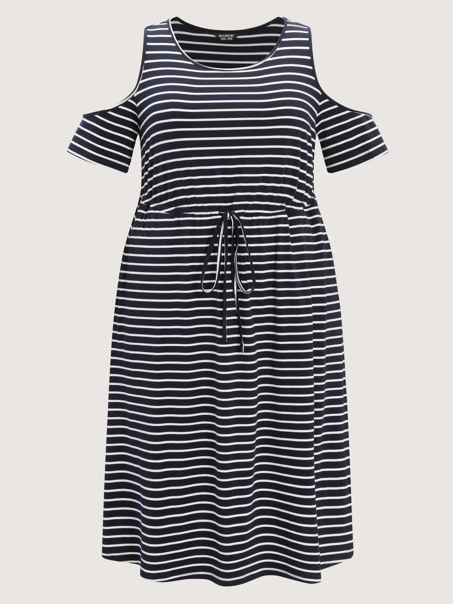 Monochrome Striped Cold-Shoulder Pockets Midi Dress - Image 7