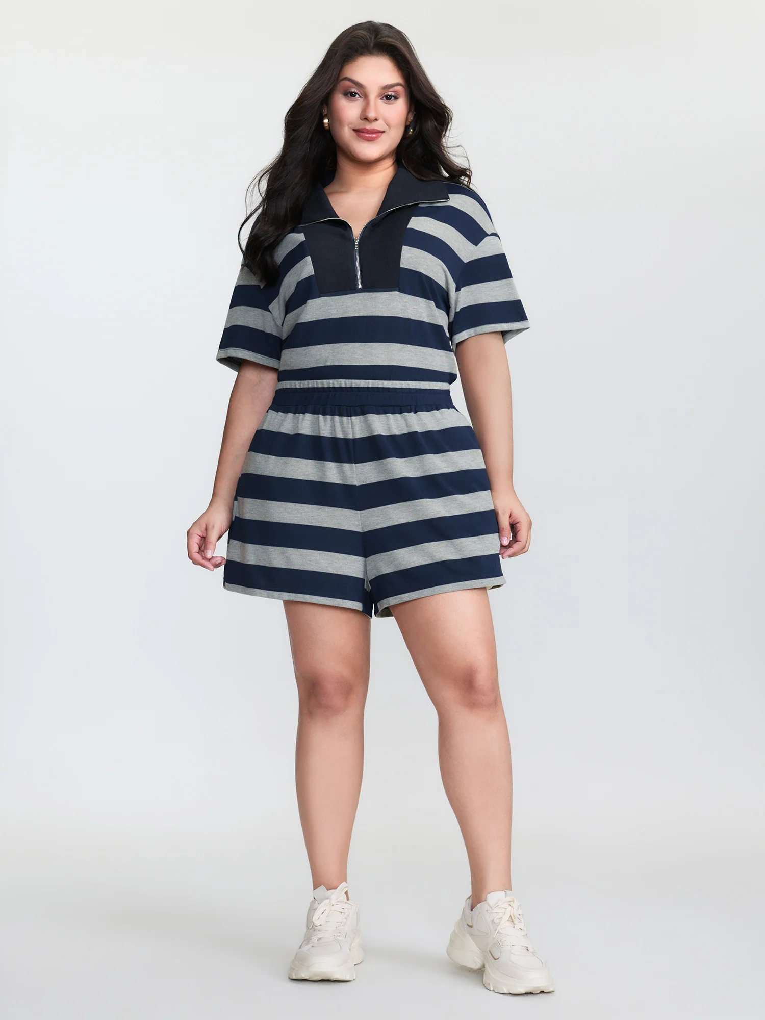 Monochrome Striped Lapel Collar Two-Piece Set - Image 2