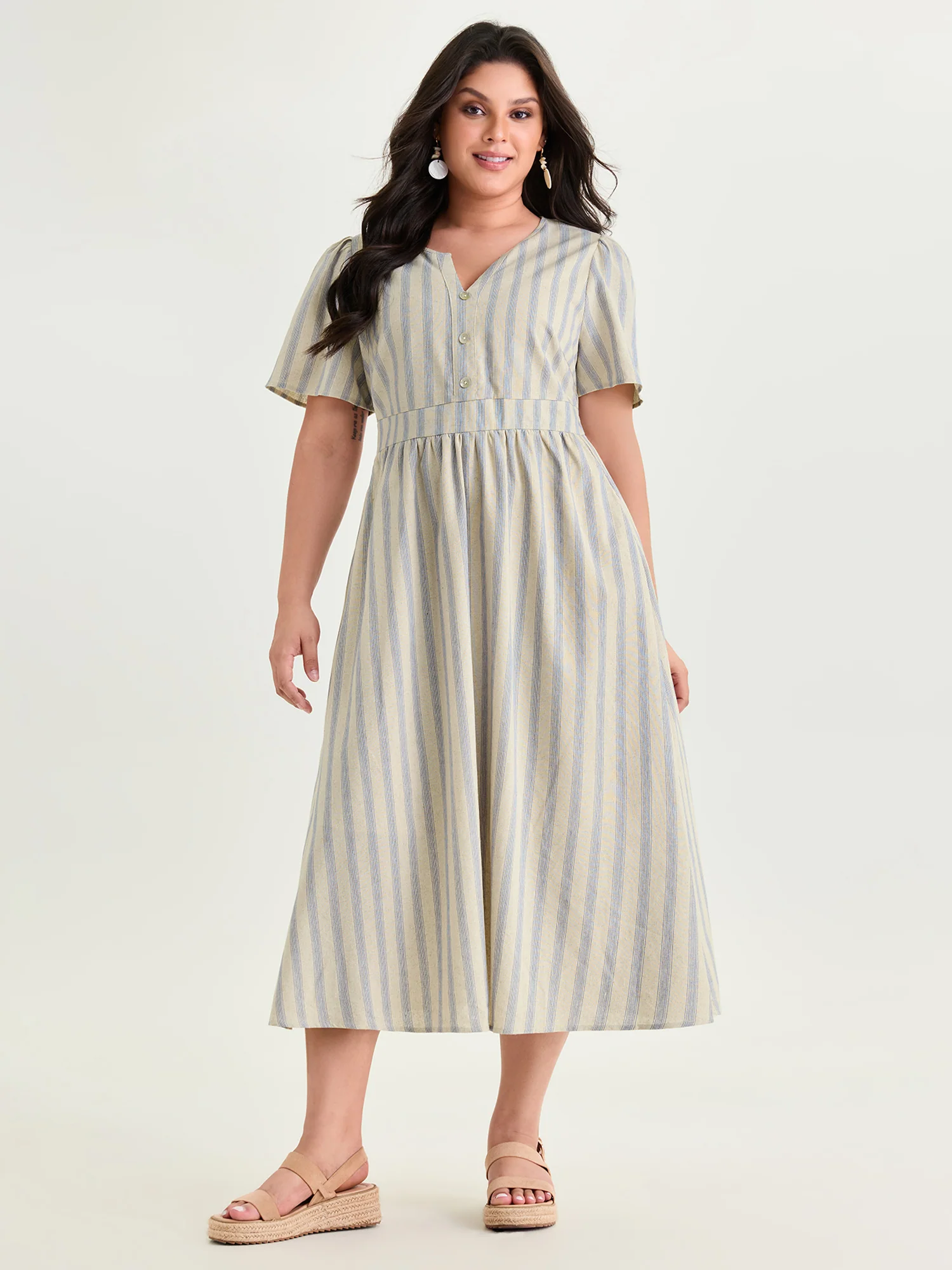Monochrome Striped Print Split Neck Midi Dress