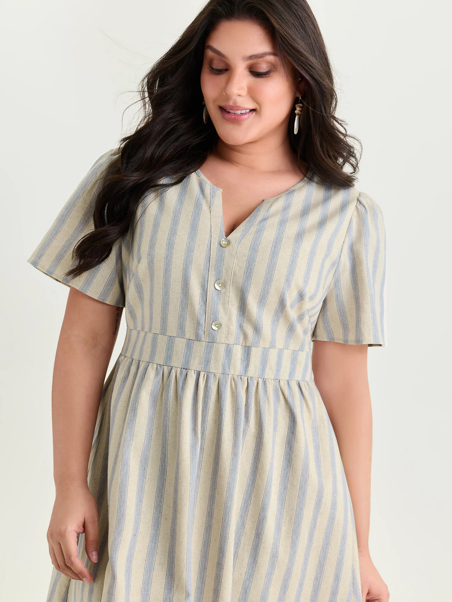 Monochrome Striped Print Split Neck Midi Dress - Image 2