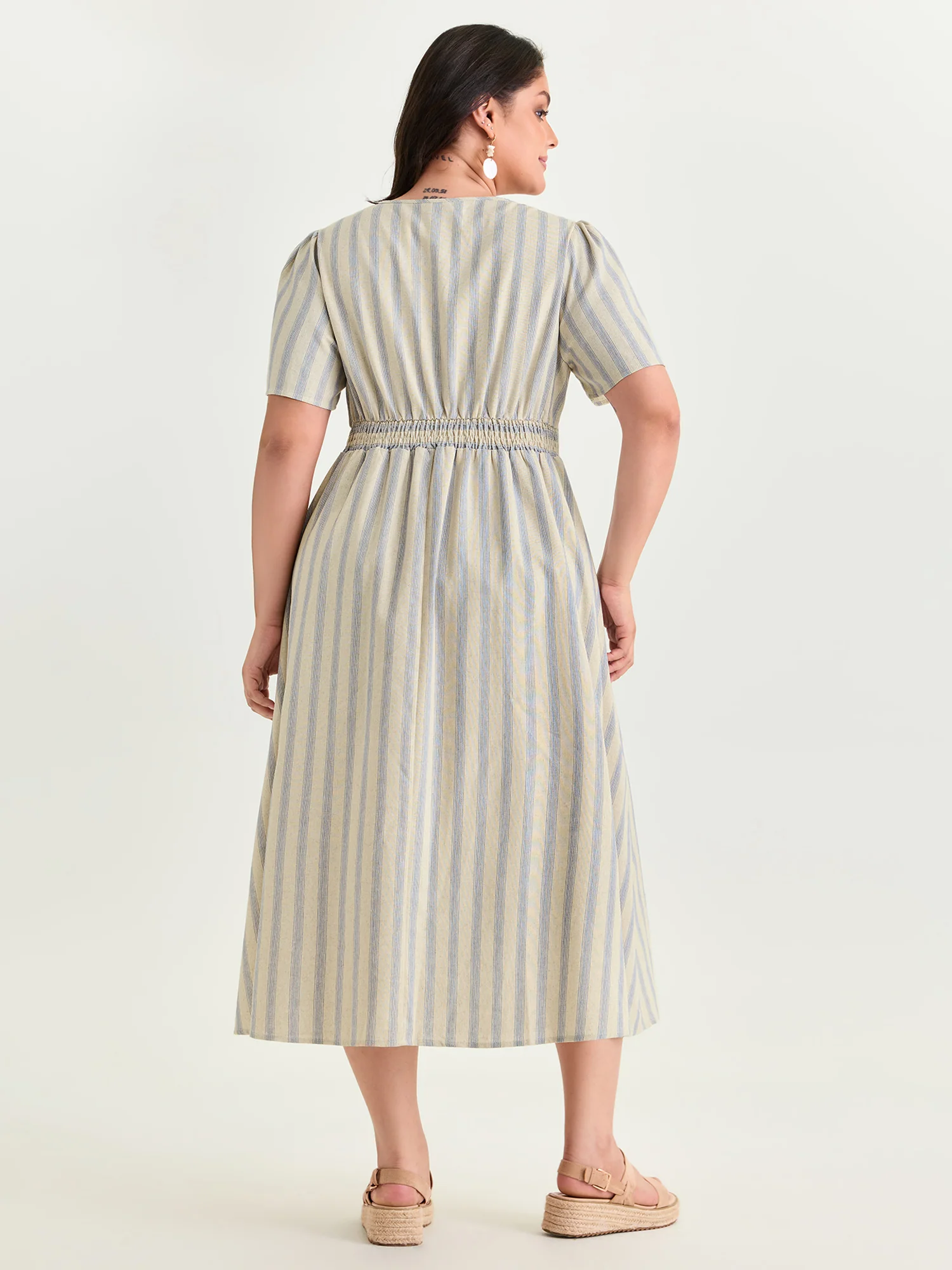 Monochrome Striped Print Split Neck Midi Dress - Image 3