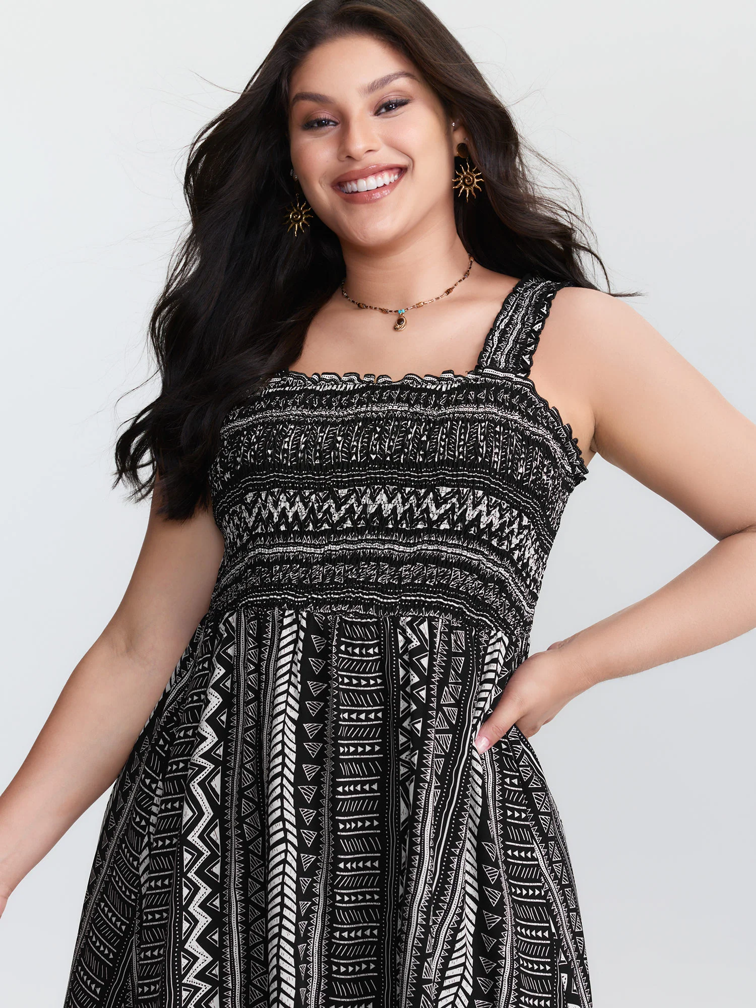 Monochrome Striped Shirred Wide-Straps Midi Dress - Image 2