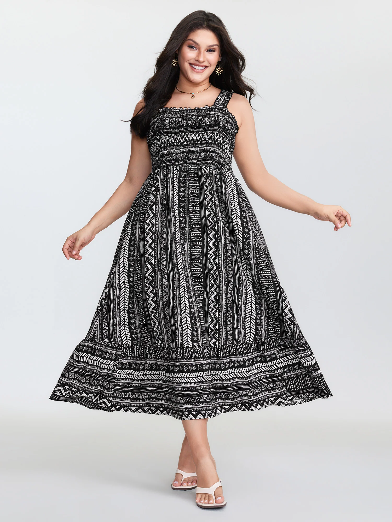 Monochrome Striped Shirred Wide-Straps Midi Dress - Image 3