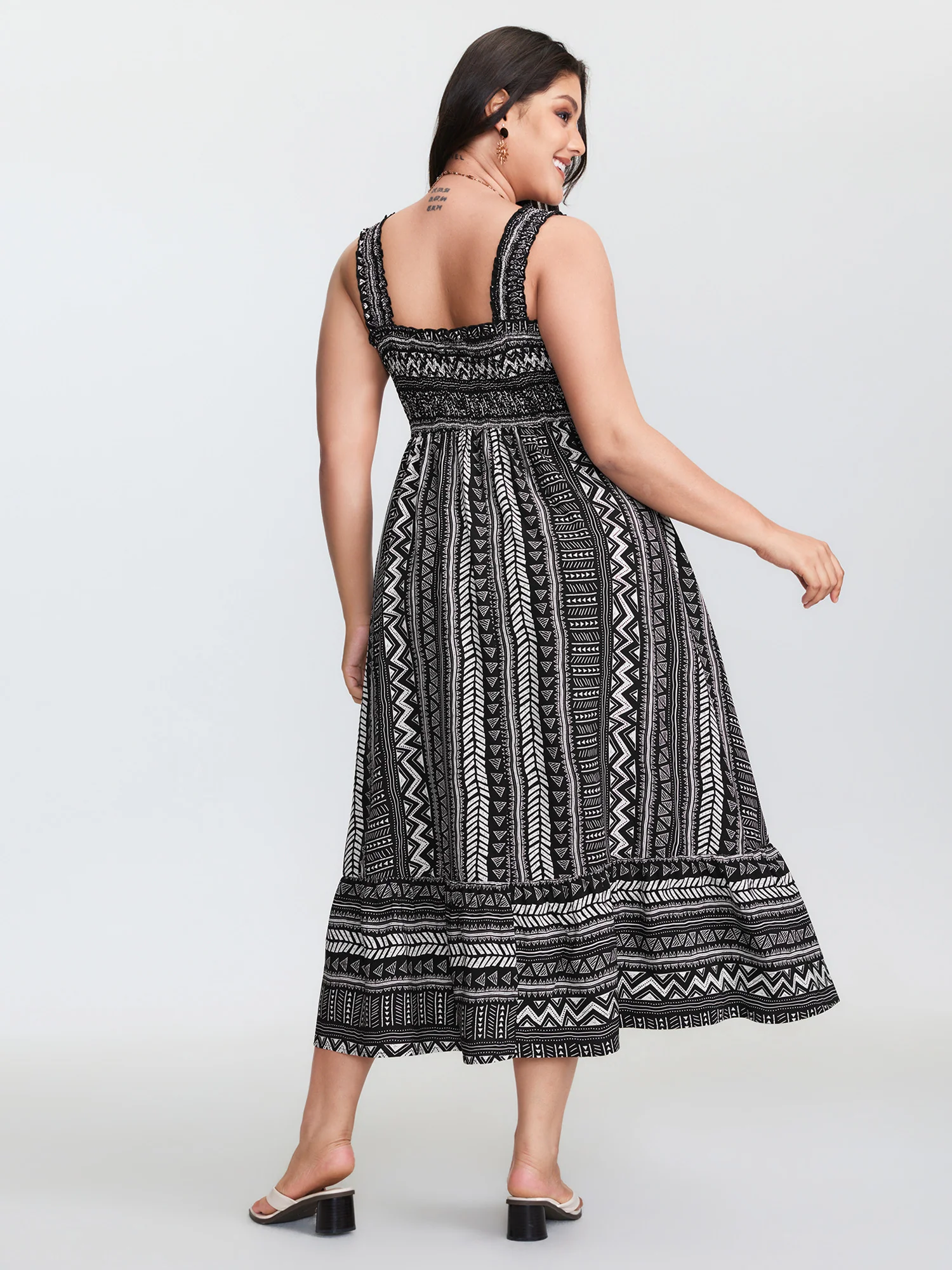 Monochrome Striped Shirred Wide-Straps Midi Dress - Image 5