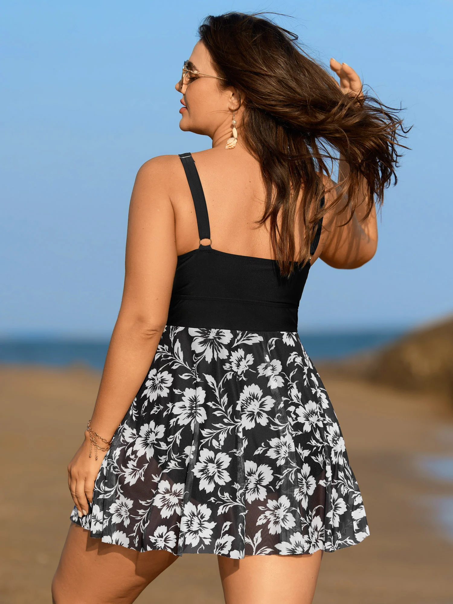 Monochrome Tropical Floral Sheer Swim Dress - Image 5