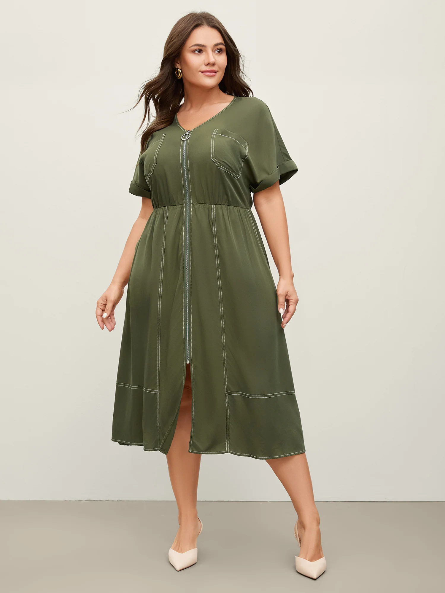 Monochrome Zipper Front Pockets Midi Dress - Image 3