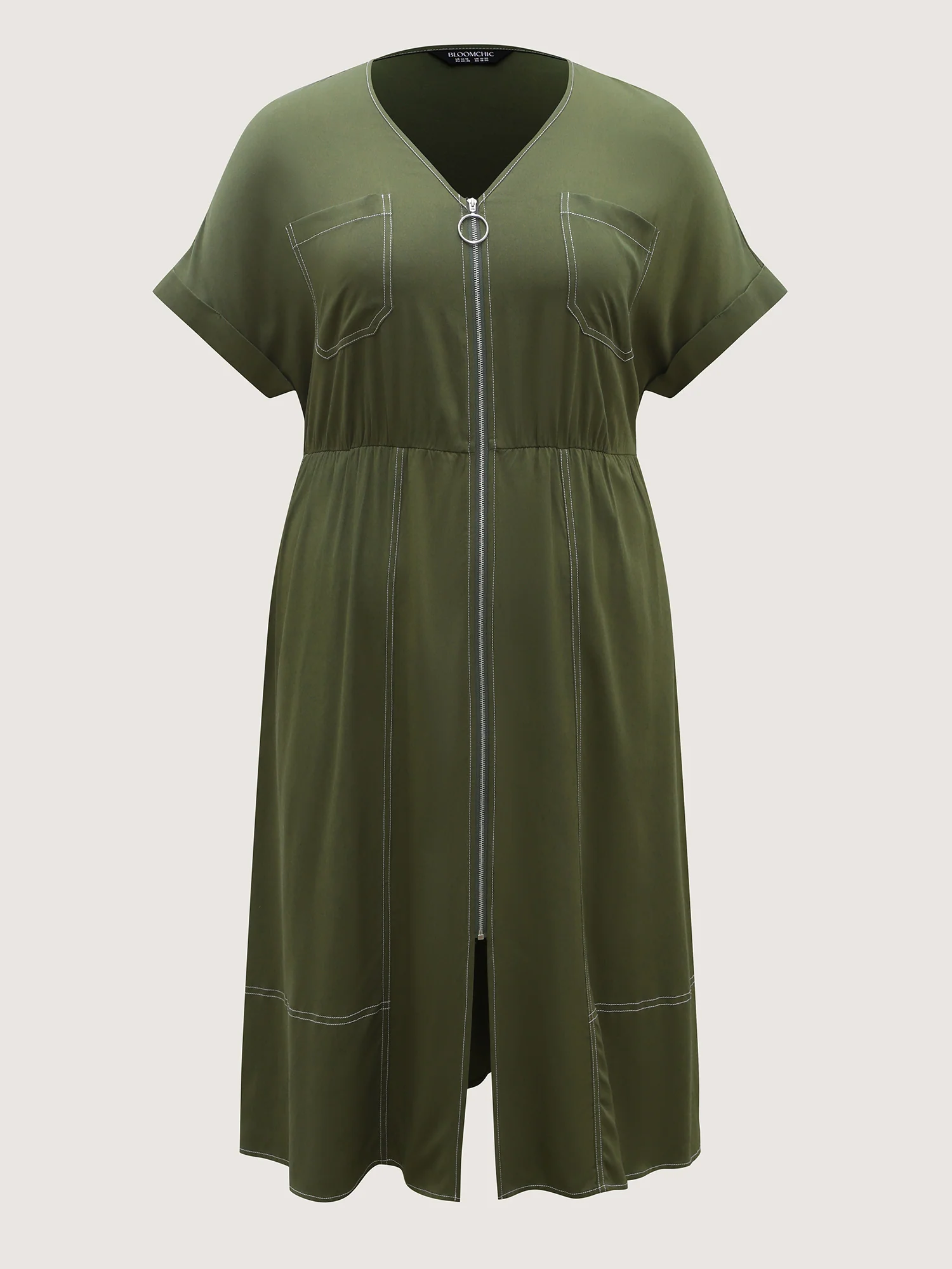 Monochrome Zipper Front Pockets Midi Dress - Image 7