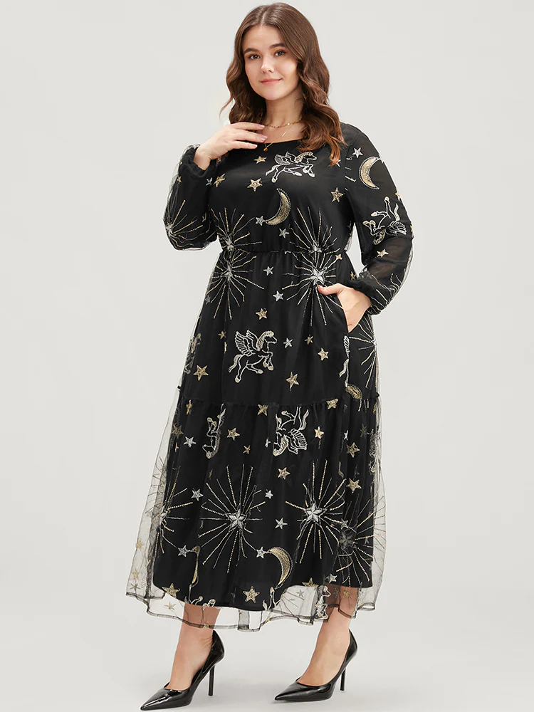 Moon And Star Pocket Lantern Sleeve Embroidered Mesh Dress - Image 2