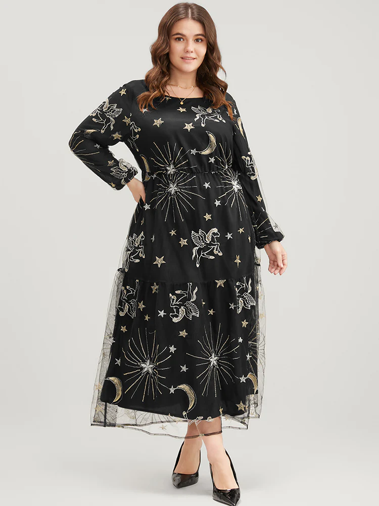 Moon And Star Pocket Lantern Sleeve Embroidered Mesh Dress - Image 3