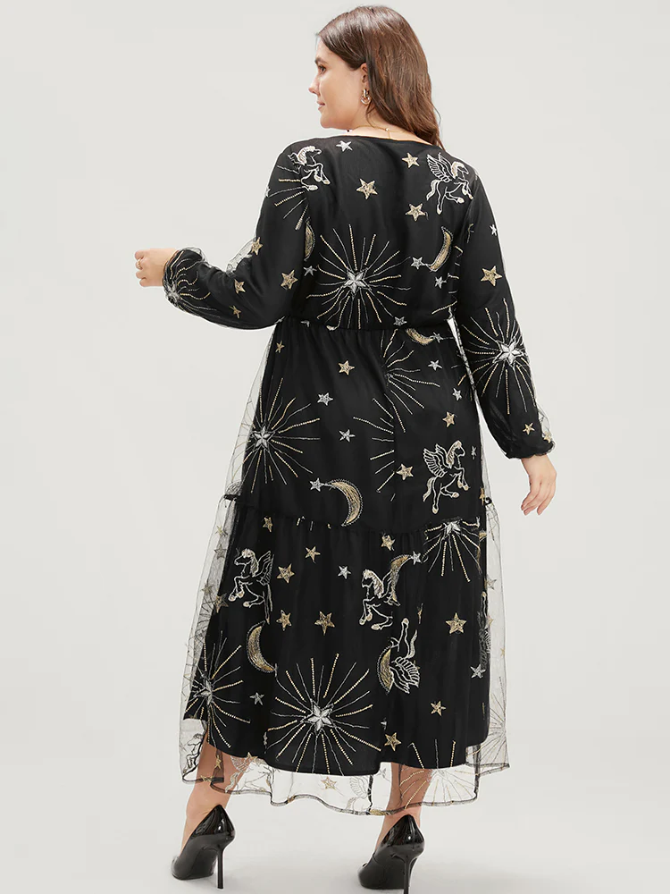 Moon And Star Pocket Lantern Sleeve Embroidered Mesh Dress - Image 4
