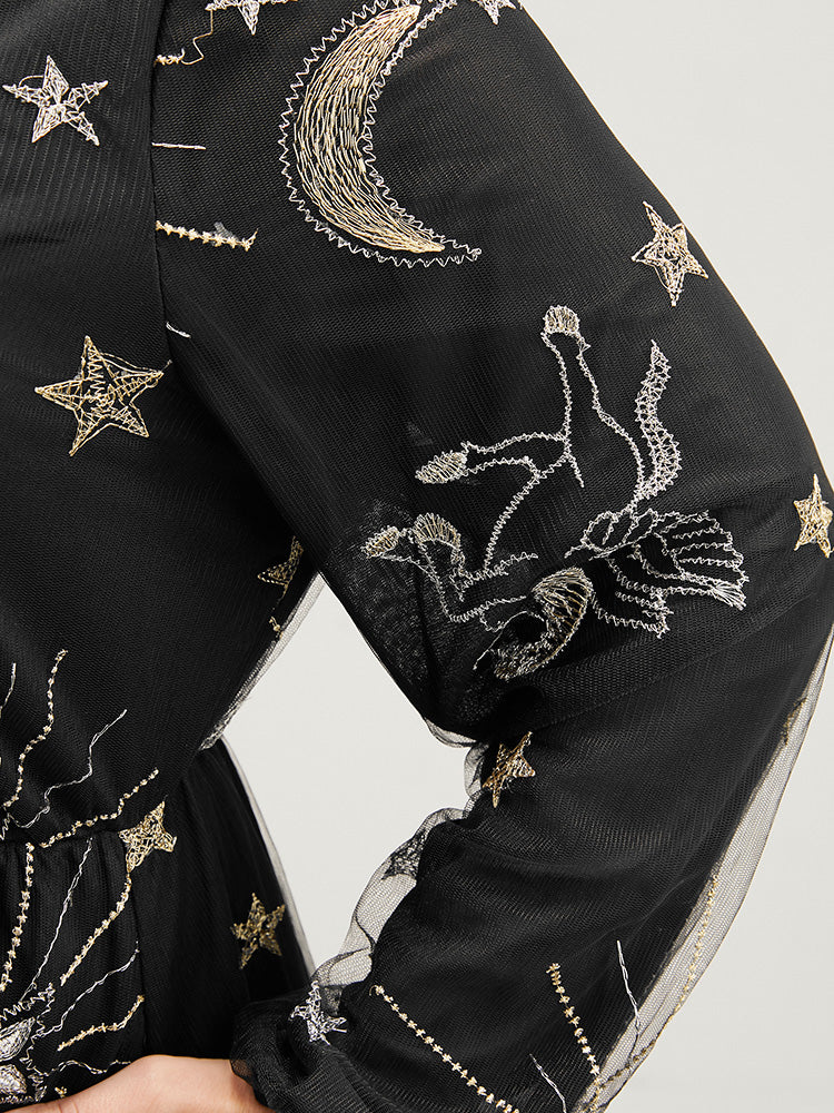 Moon And Star Pocket Lantern Sleeve Embroidered Mesh Dress - Image 5