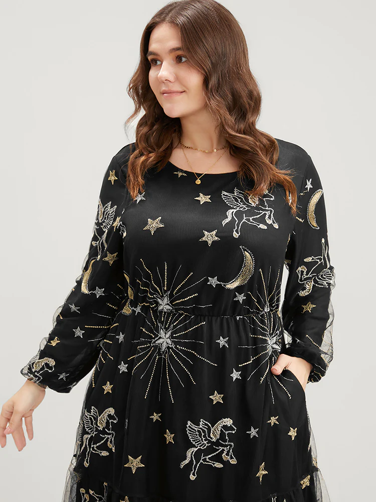 Moon And Star Pocket Lantern Sleeve Embroidered Mesh Dress - Image 7