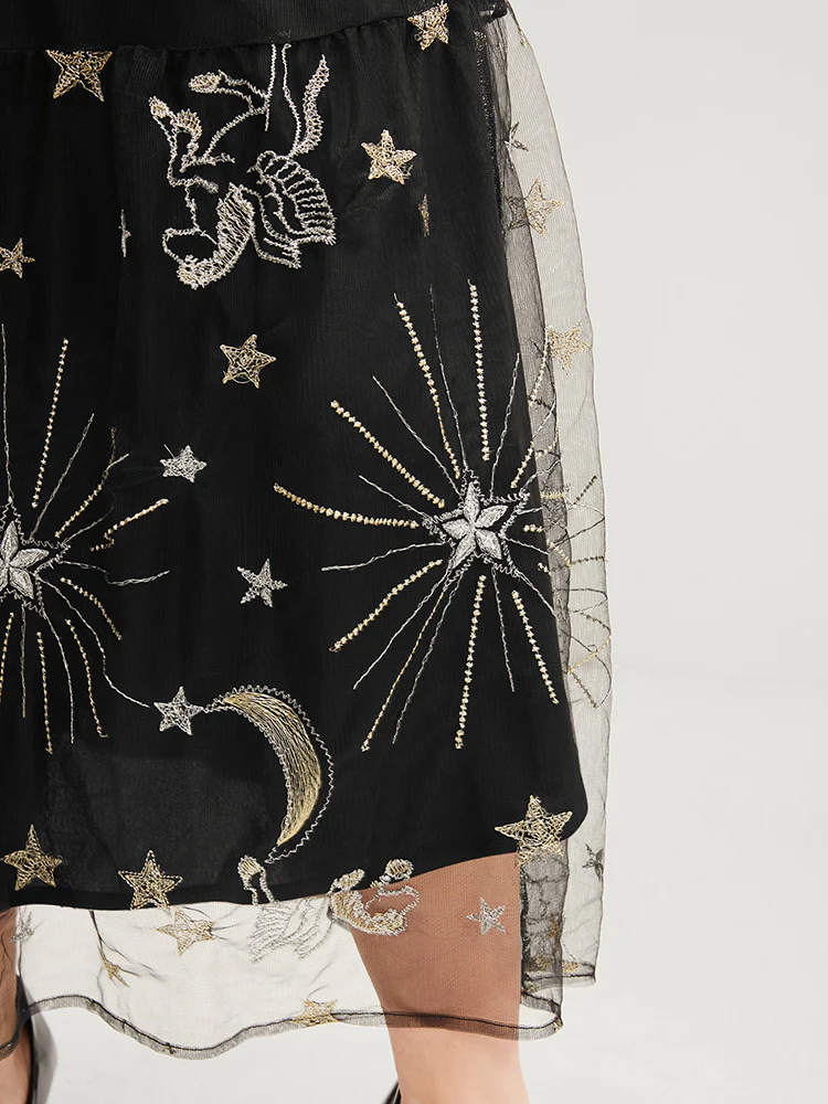 Moon And Star Pocket Lantern Sleeve Embroidered Mesh Dress - Image 8
