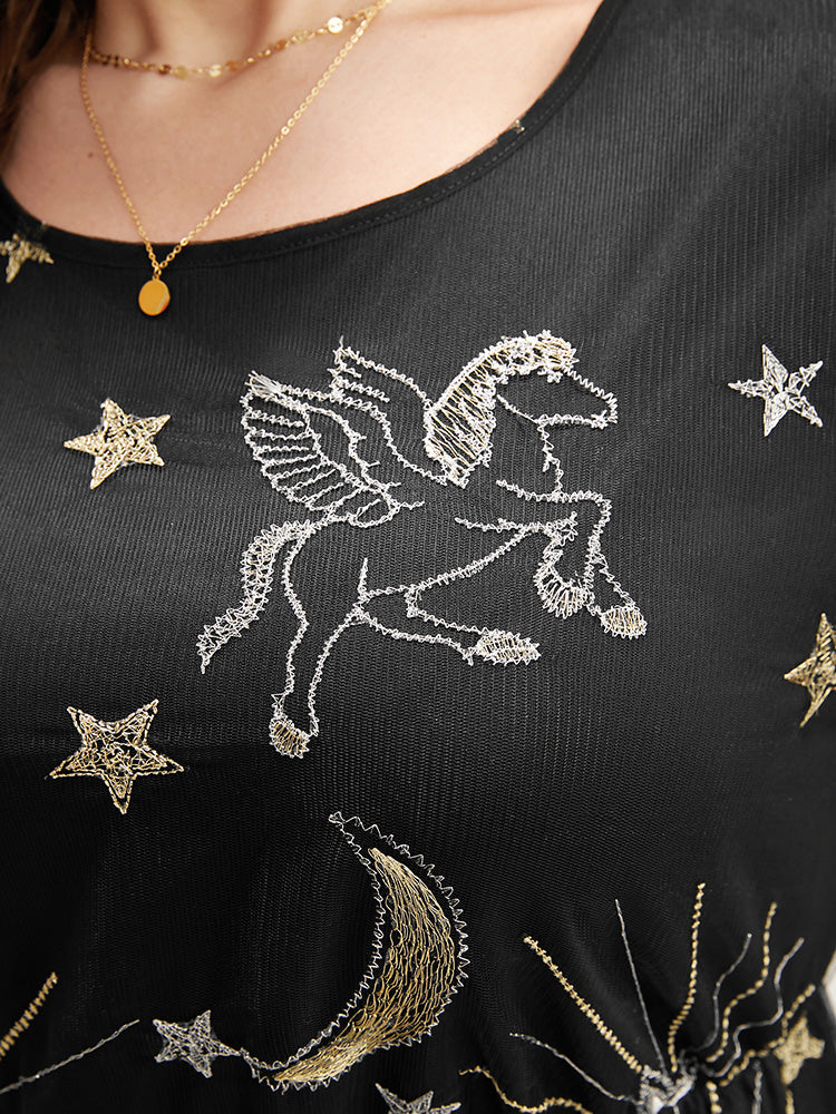 Moon And Star Pocket Lantern Sleeve Embroidered Mesh Dress - Image 9