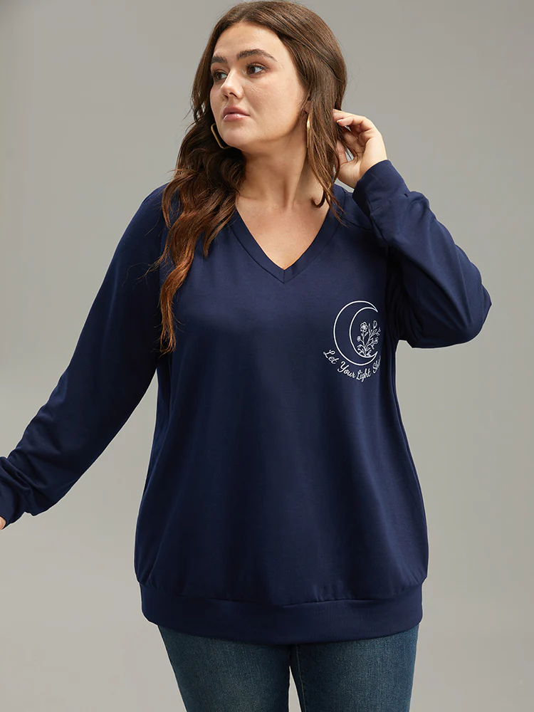 Moon Print V Neck Raglan Sleeve Sweatshirt - Image 4