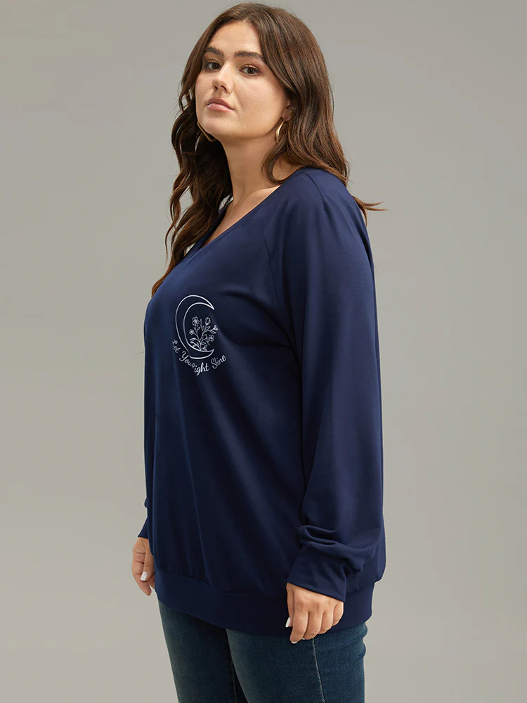 Moon Print V Neck Raglan Sleeve Sweatshirt - Image 5