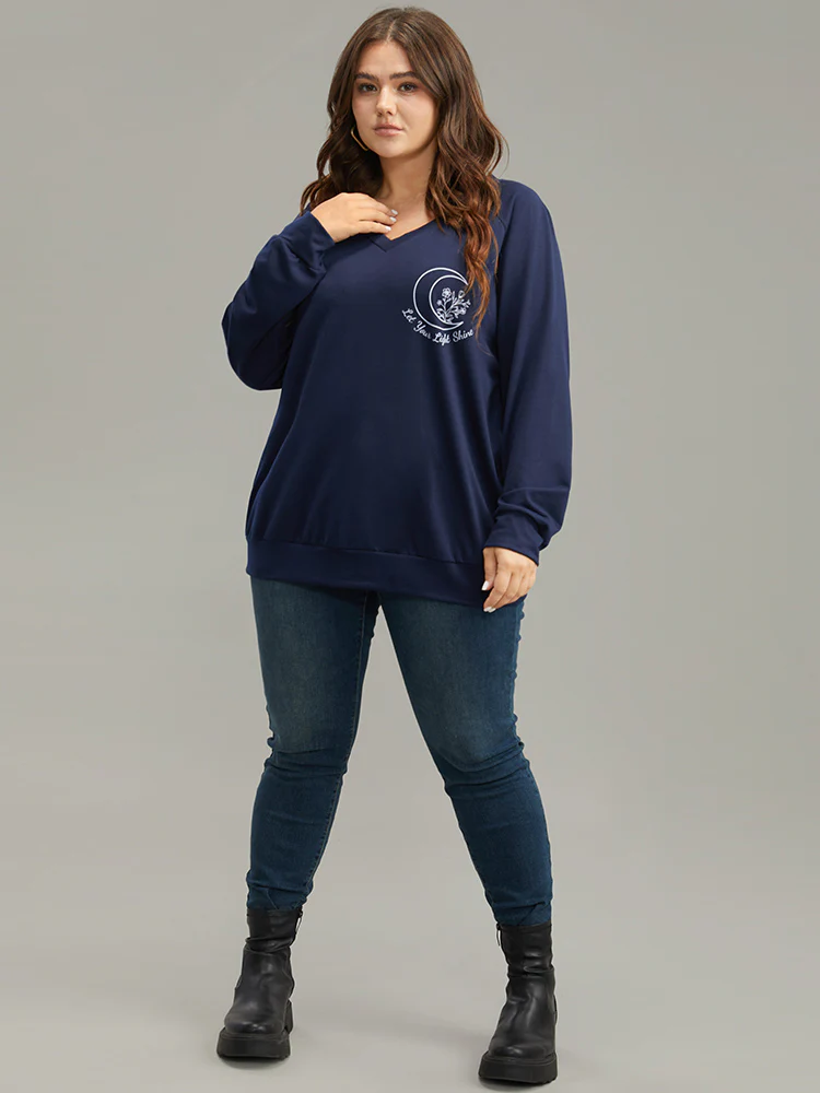 Moon Print V Neck Raglan Sleeve Sweatshirt - Image 6