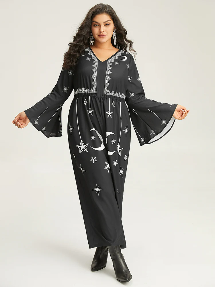 Halloween Moon & Star Elastic Waist Bell Sleeve Jumpsuit - Image 2