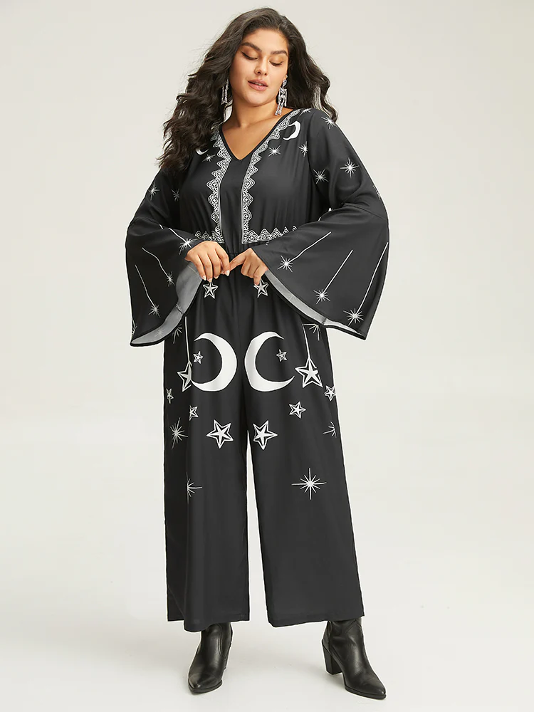 Halloween Moon & Star Elastic Waist Bell Sleeve Jumpsuit - Image 3