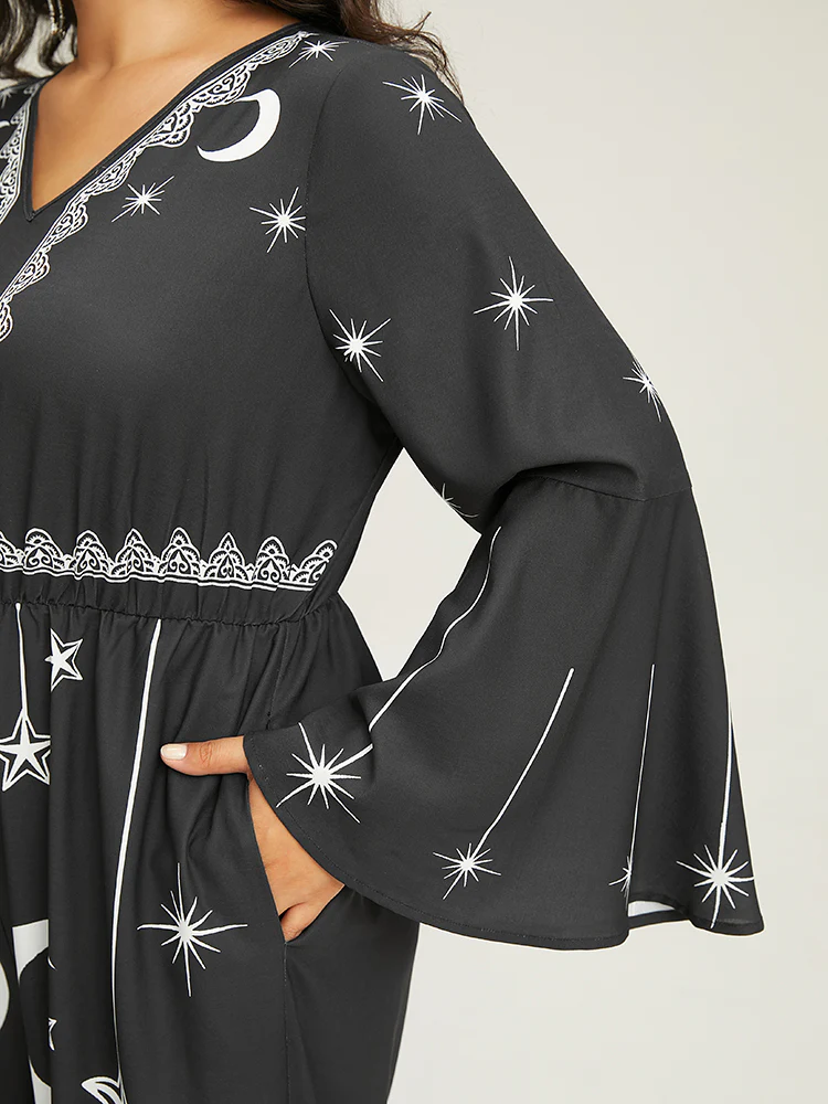 Halloween Moon & Star Elastic Waist Bell Sleeve Jumpsuit - Image 6