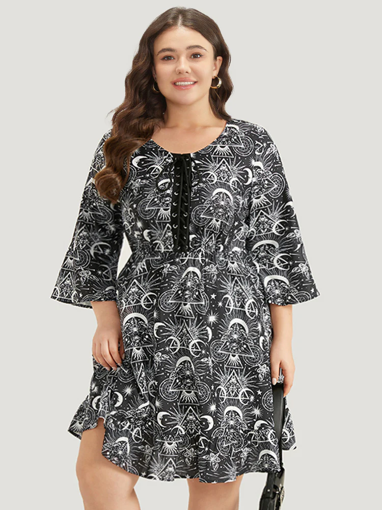 Halloween Moon & Star Lace Up Pocket Bell Sleeve Dress - Image 2