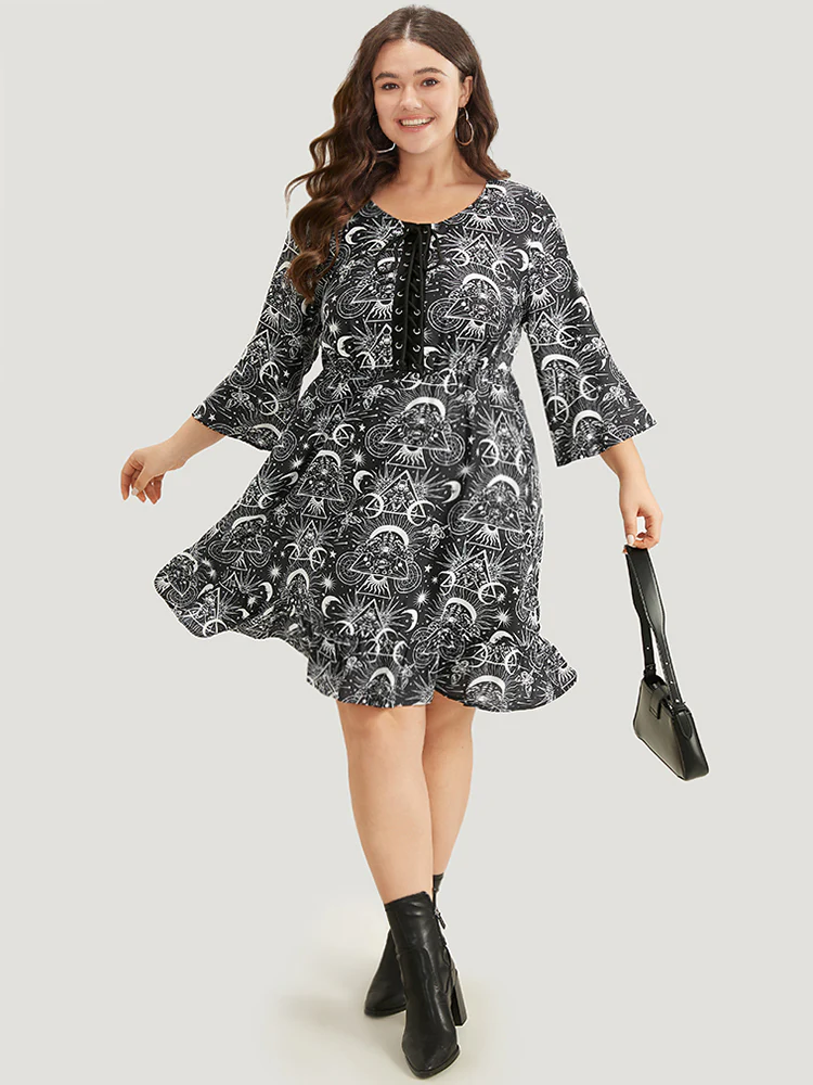 Halloween Moon & Star Lace Up Pocket Bell Sleeve Dress - Image 3